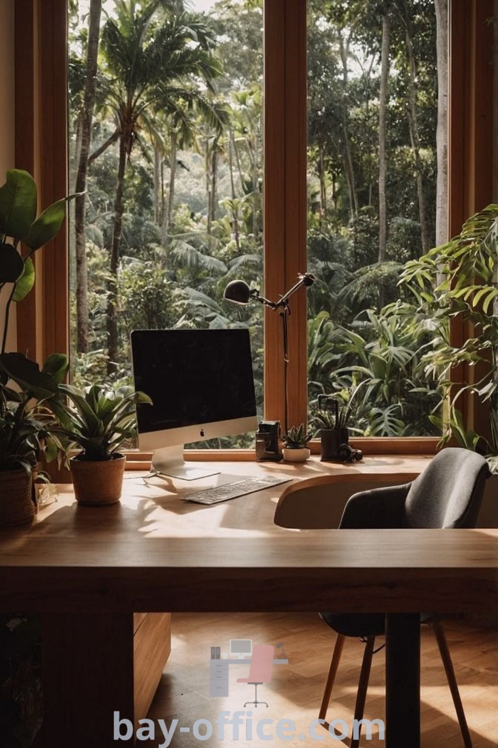 Cozy home office with a large wooden desk, computer setup, and greenery by the window, showcasing old money style and minimal decor aesthetics. Perfect for design tips and cozy ideas to inspire productivity. Explore more at bay-office.com.