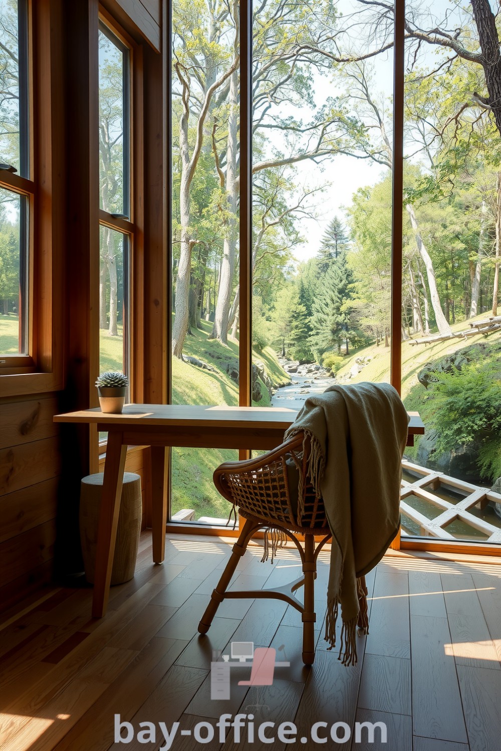 Cozy home office surrounded by trees and a stream, featuring a wooden desk, reclaimed timber wall, and rattan chair with throws. This inspiring design embraces nature, enhancing productivity in a serene setting. Explore fresh ideas at bay-office.com.