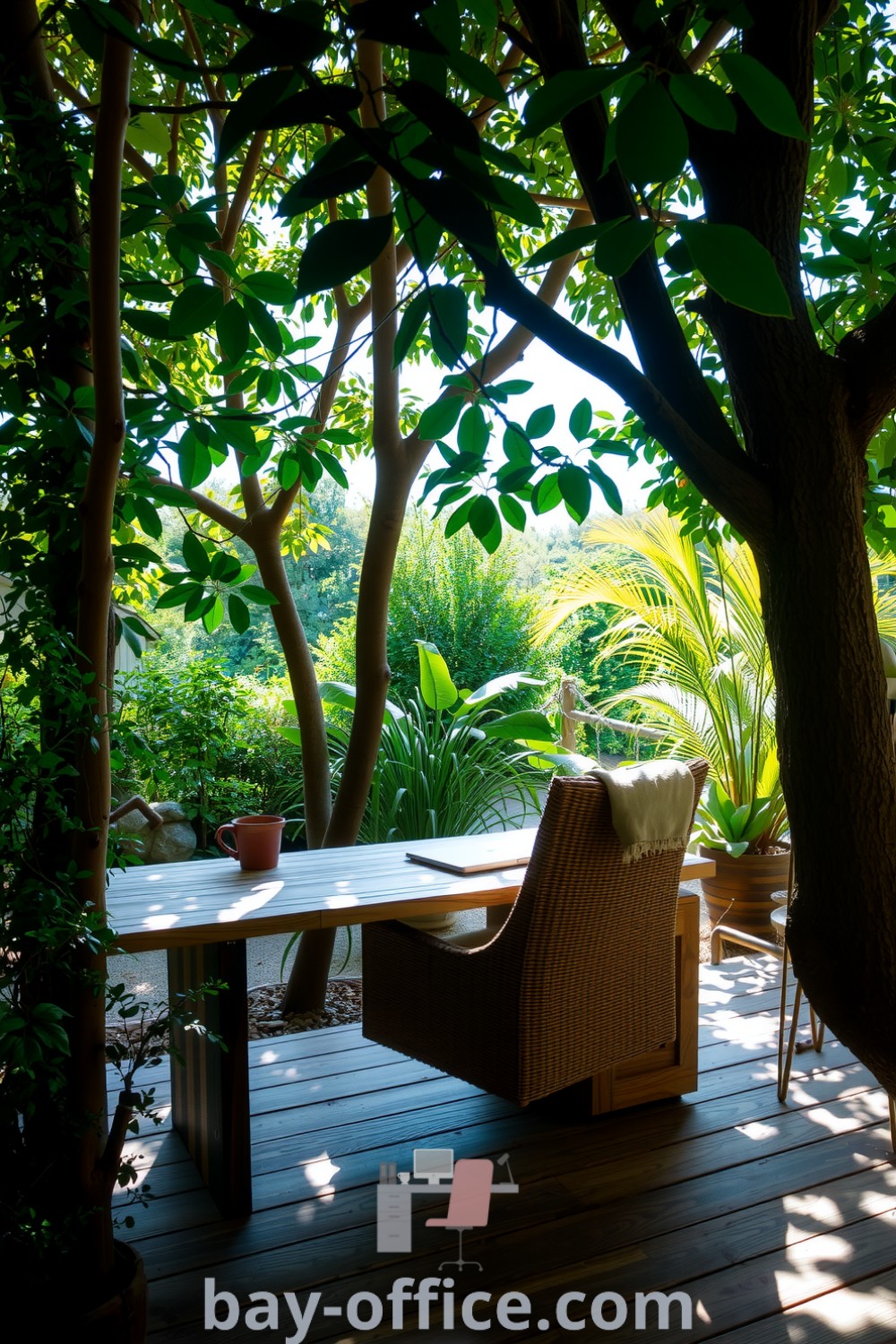 Nature-inspired home office with reclaimed wood desk, comfortable chair, and dappled sunlight filtering through trees, designed to inspire productivity and creativity. Ideal for cozy aesthetics and blending with nature. Discover more ideas at bay-office.com.