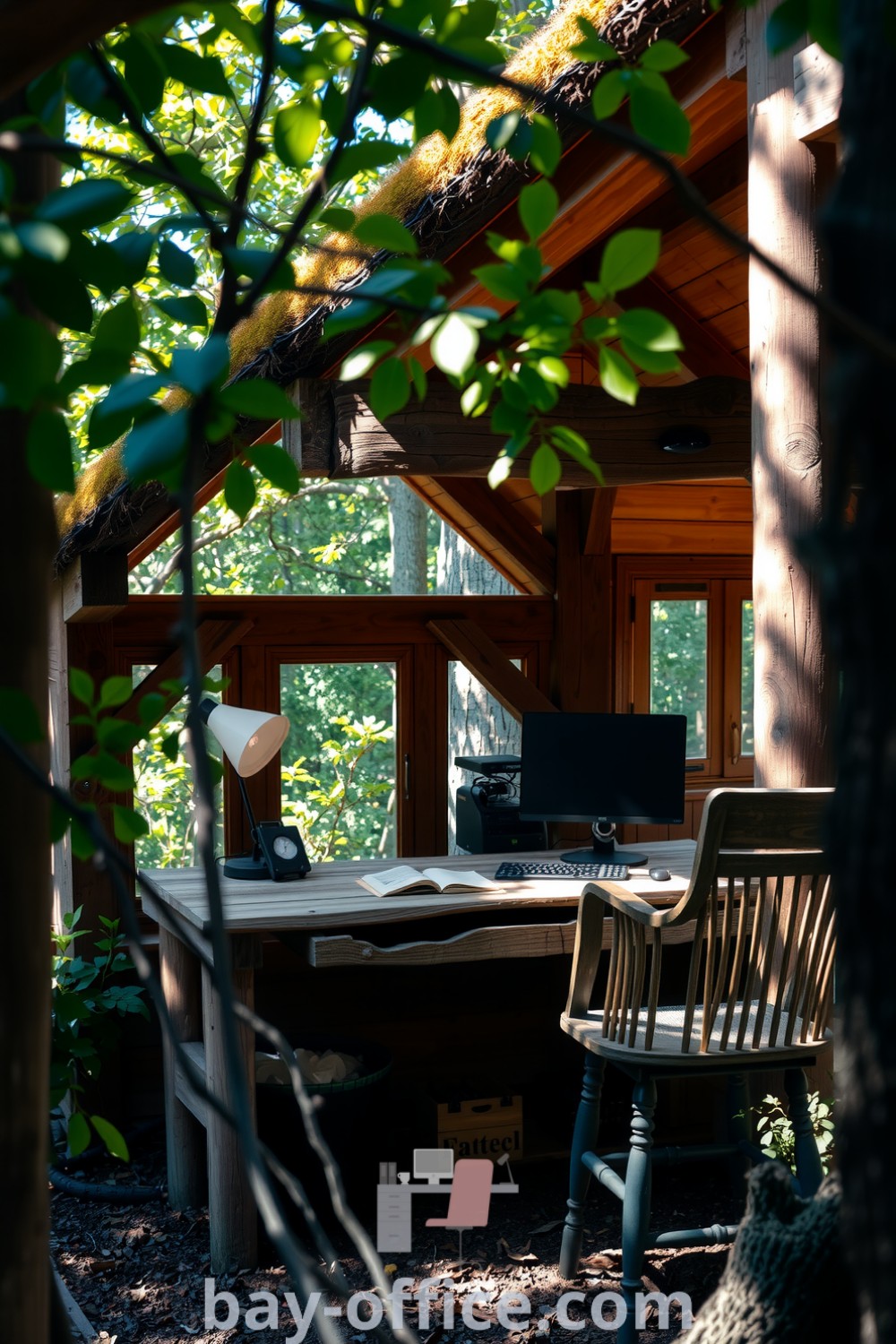 Nature home office nestled among trees, featuring rustic wooden beams, a moss-covered roof, and a reclaimed wood desk, creating a cozy and inspiring environment that enhances productivity. For more decor ideas, visit bay-office.com.