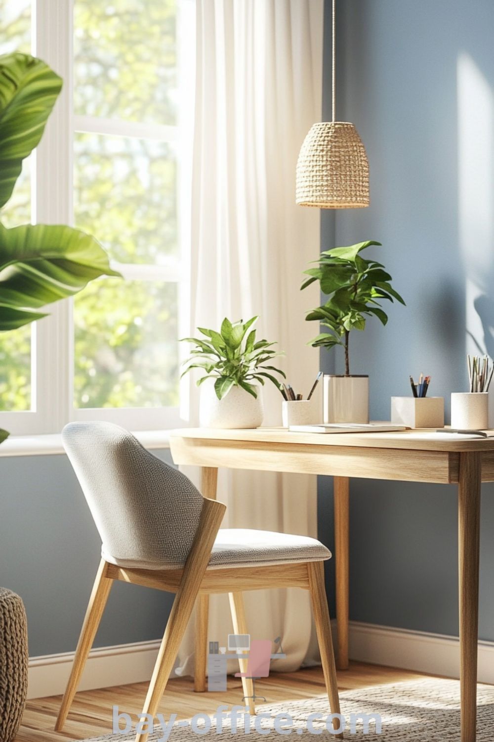 Scandinavian home office featuring blue-toned walls, wooden desk, and cozy chair, designed for productivity and relaxation with inspiring decor ideas for small spaces. Enhance your workspace ambiance with natural elements and comfort. Explore more at bay-office.com.