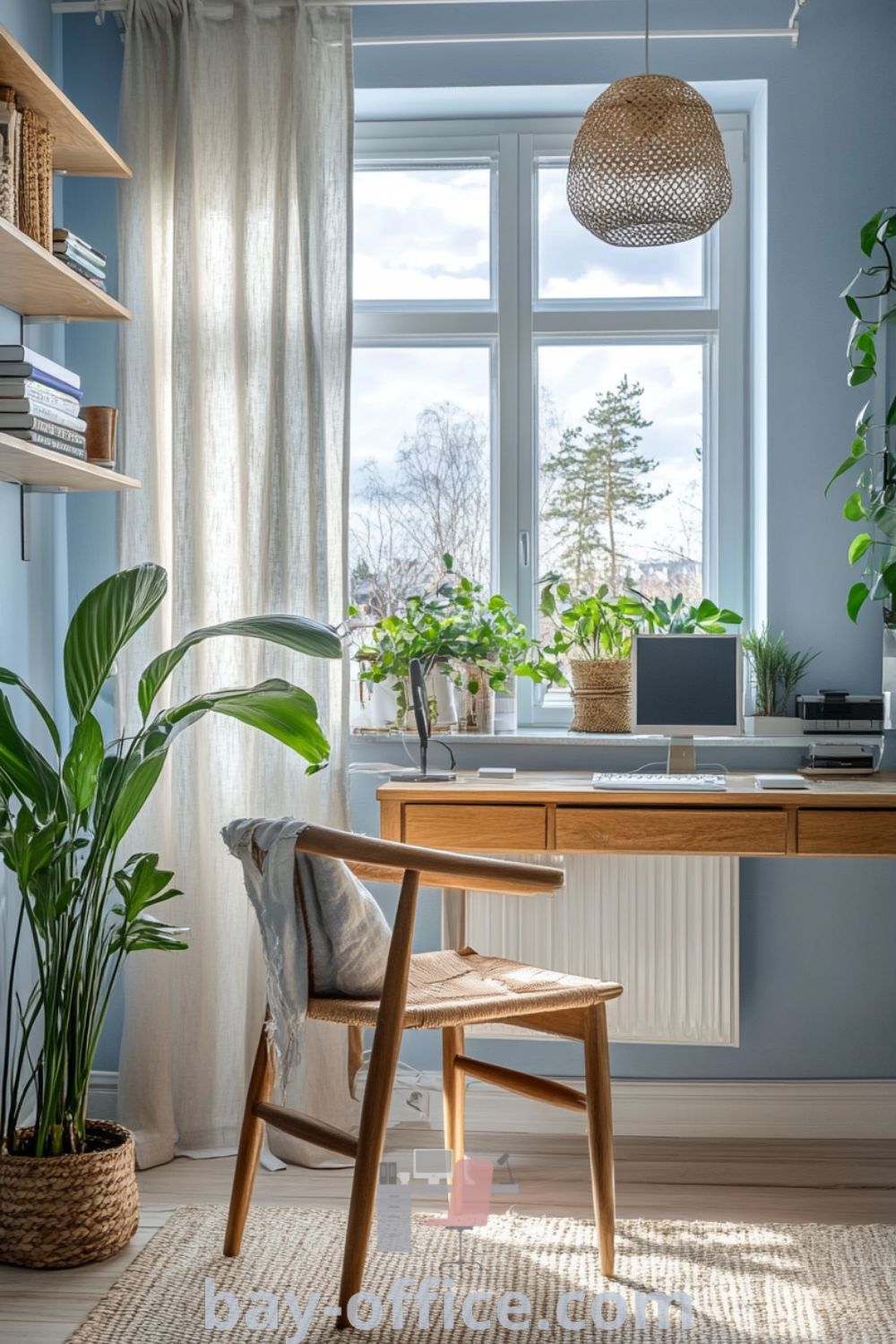 Scandinavian home office with soft blue walls, natural wood accents, and large windows, creating a cozy aesthetic that inspires productivity. Discover design tips and ideas for creating a serene workspace at bay-office.com.