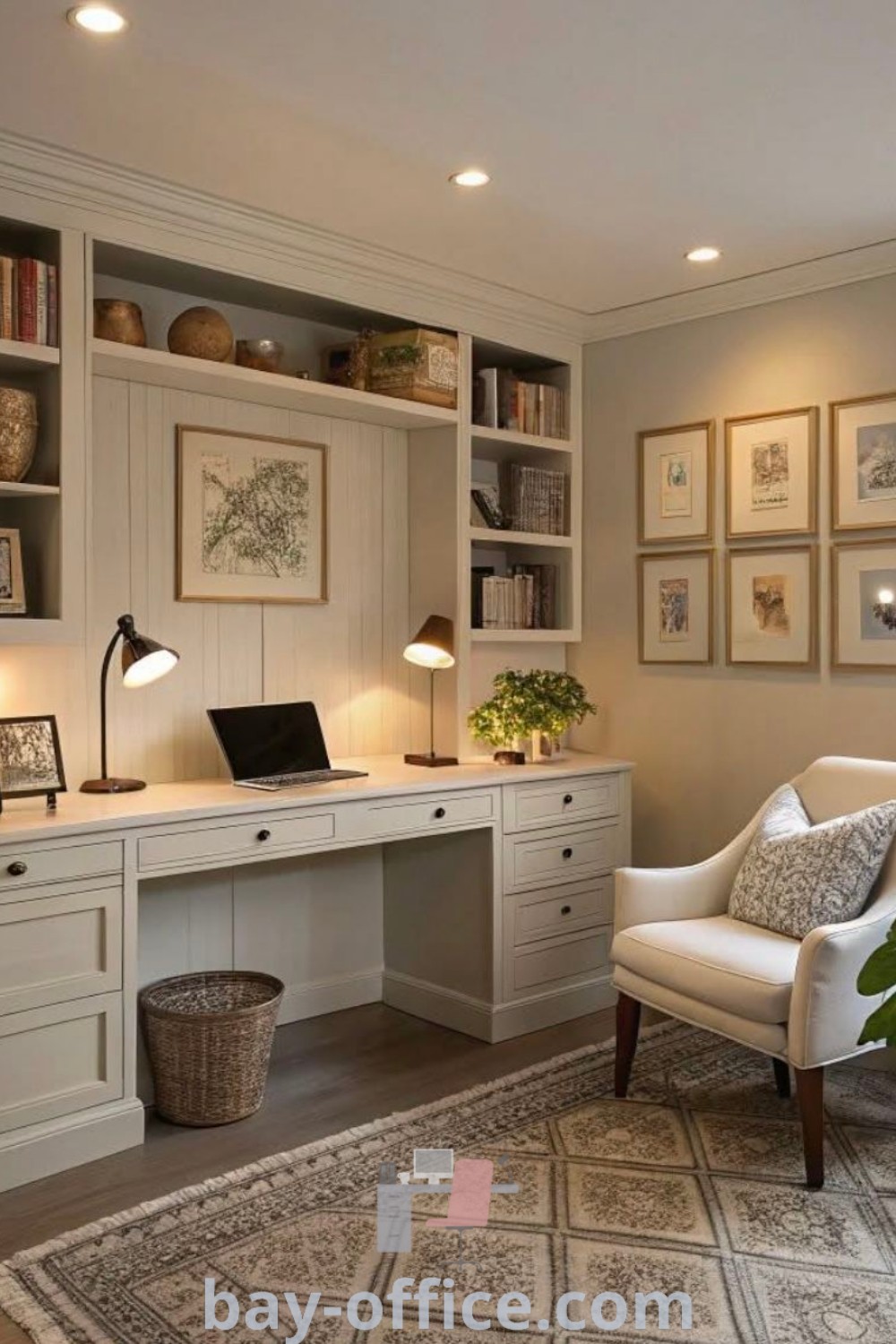 A cozy modern farmhouse home office with built-in bookshelves, desk, and chair next to a potted plant. Perfect for inspiring productivity and enhancing comfort in your workspace. Explore decorating ideas for small spaces and transforming home offices at bay-office.com.