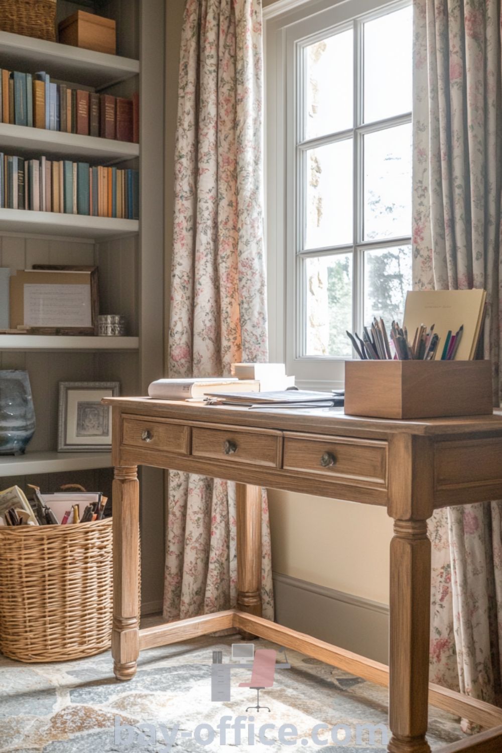 Elegant home office with a distressed oak desk, pastel walls, and a cozy atmosphere. Features floral curtains, vintage books, and a woven basket for supplies, making it an inspiring space for productivity. Discover more decor ideas for small spaces at bay-office.com.