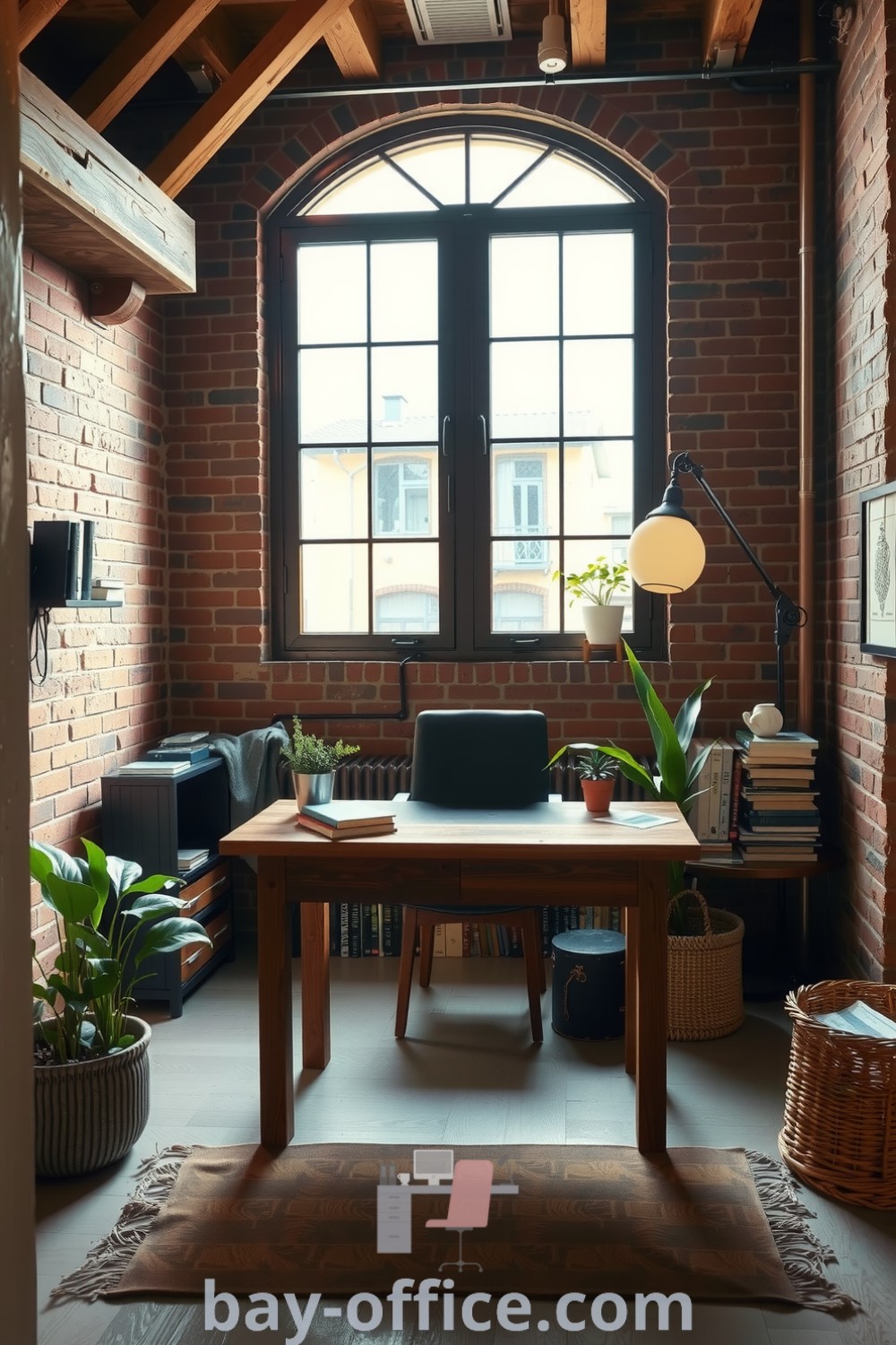 Cozy loft home office featuring exposed wooden beams, a rustic brick wall, a reclaimed wood desk, plants, and an industrial lamp, designed to inspire productivity and relaxation. Explore more design tips and ideas at bay-office.com.
