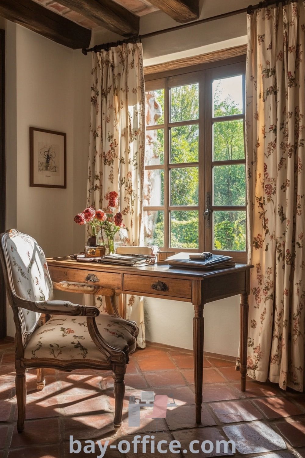 French country home office with rustic decor, wooden beams, terracotta tiles, and a vintage desk, creating a cozy and inviting workspace atmosphere that enhances productivity and comfort. Explore more inspiring ideas at bay-office.com.
