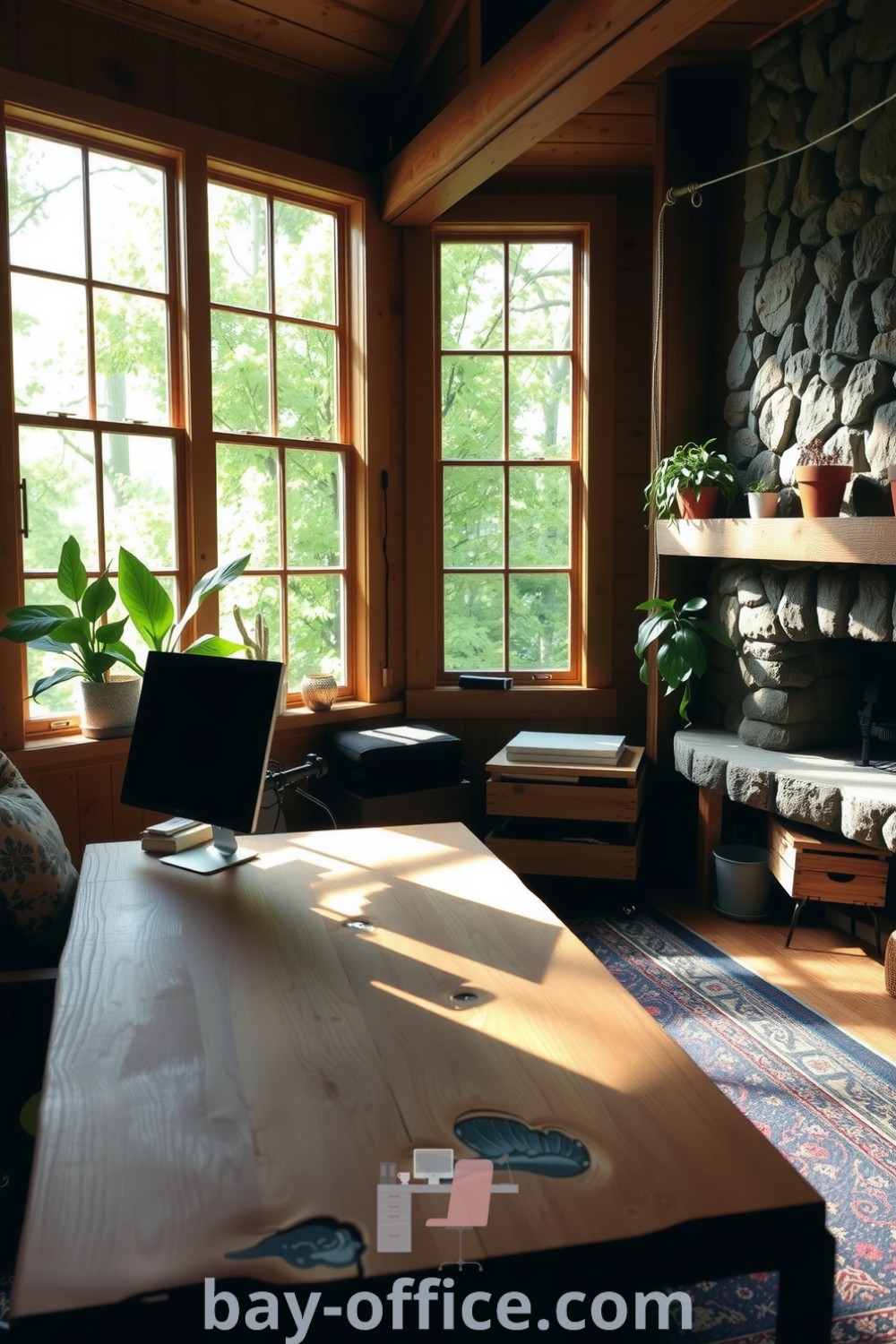 Rustic home office in a cozy cabin with wooden beams, stone fireplace, large windows, and potted plants, creating an inspiring and cozy aesthetic that enhances productivity. Discover more decor ideas for small spaces at bay-office.com.