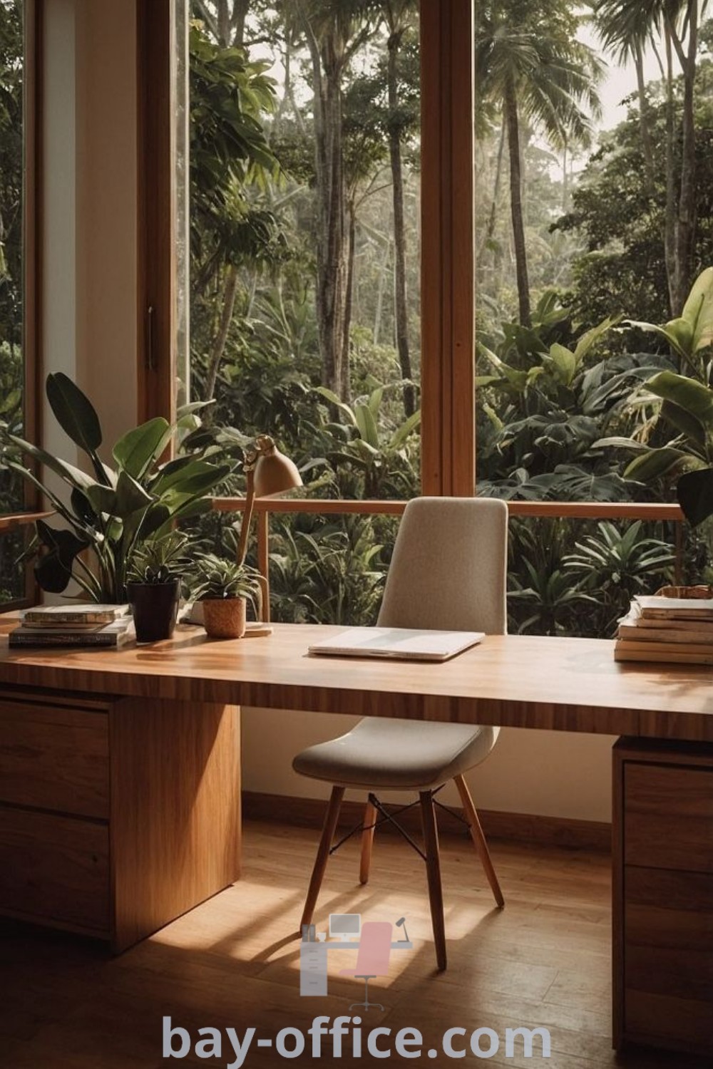Midcentury modern office design featuring a large wooden desk, stylish chair, and potted plants by a large window. Perfect for small office spaces, this setup inspires productivity and cozy aesthetics. Discover more decor ideas for small spaces at bay-office.com.