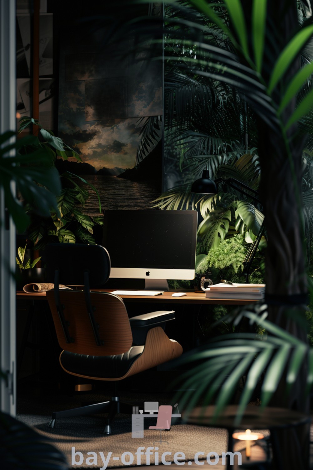 Cozy office setup featuring a desk with a computer and plants, emphasizing nature green and forest nature aesthetics. Ideal for home studios looking for inspiring decor ideas for small spaces. Discover more ideas you