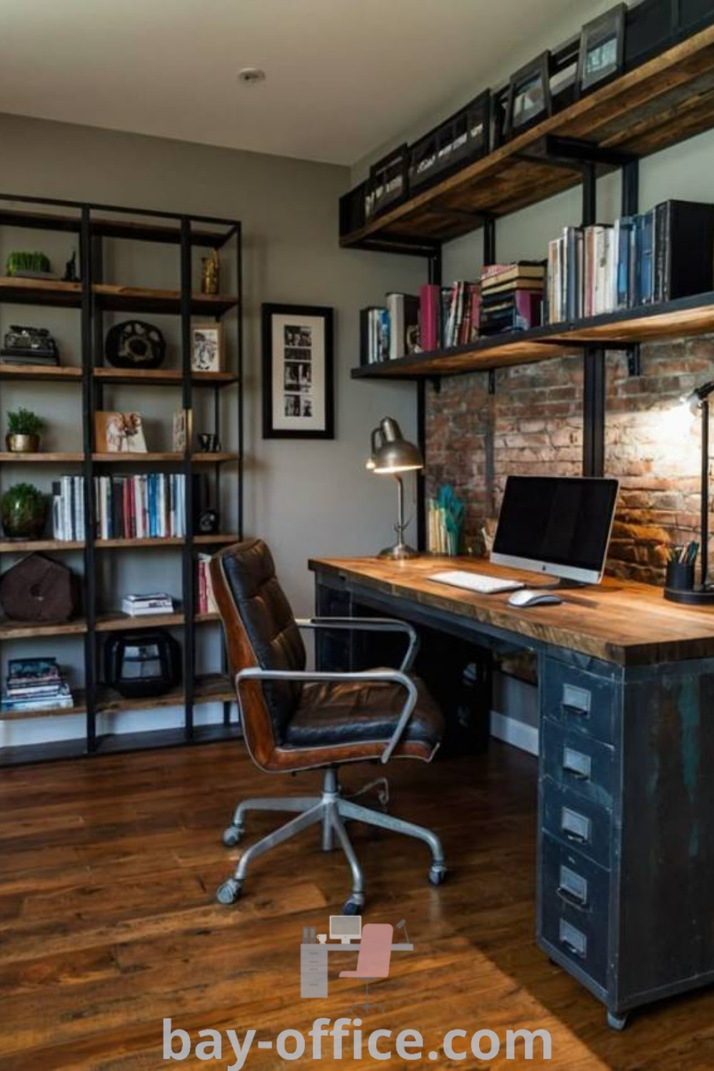 Industrial home office with a desk and laptop beside a bookshelf, showcasing inspiring industrial style ideas for productivity and aesthetic appeal. Discover more decorating ideas and design trends at bay-office.com.