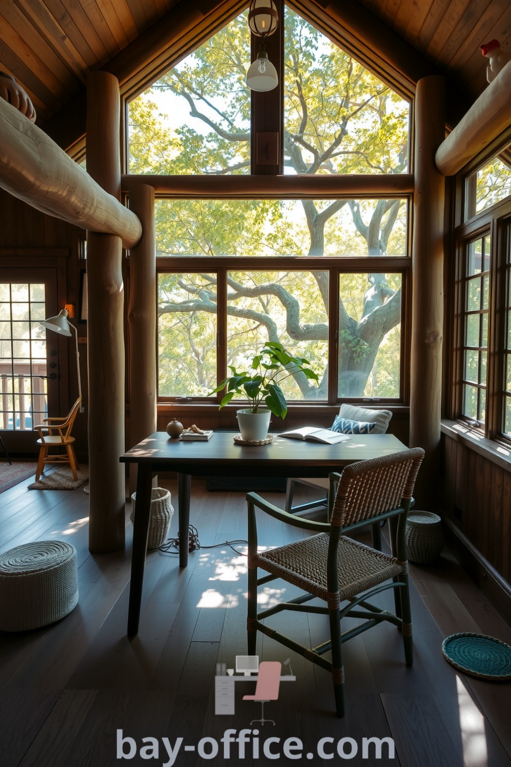 Cozy nature home office featuring wooden beams, large windows, rustic furnishings, and a potted plant, creating an inviting atmosphere that inspires productivity and creativity. Explore more cozy decor ideas at bay-office.com.
