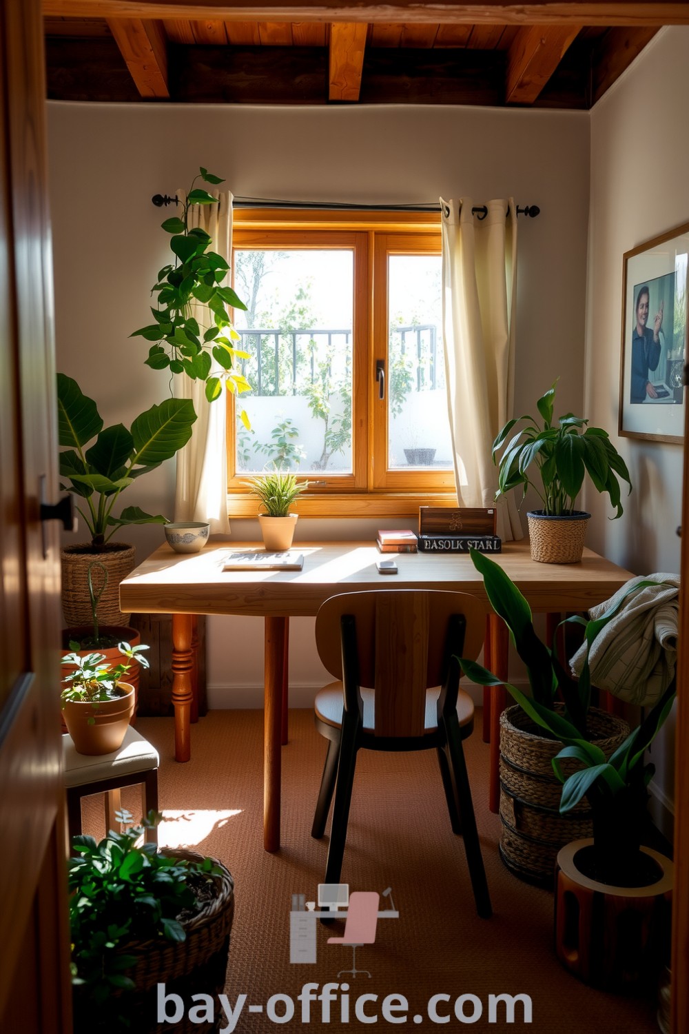 Cozy nature-inspired home office showcasing rustic wooden beams, lush greenery, and natural light filtering through sheer curtains. Ideal for nurturing creativity and productivity. Discover inspiring decor ideas for small spaces at bay-office.com.