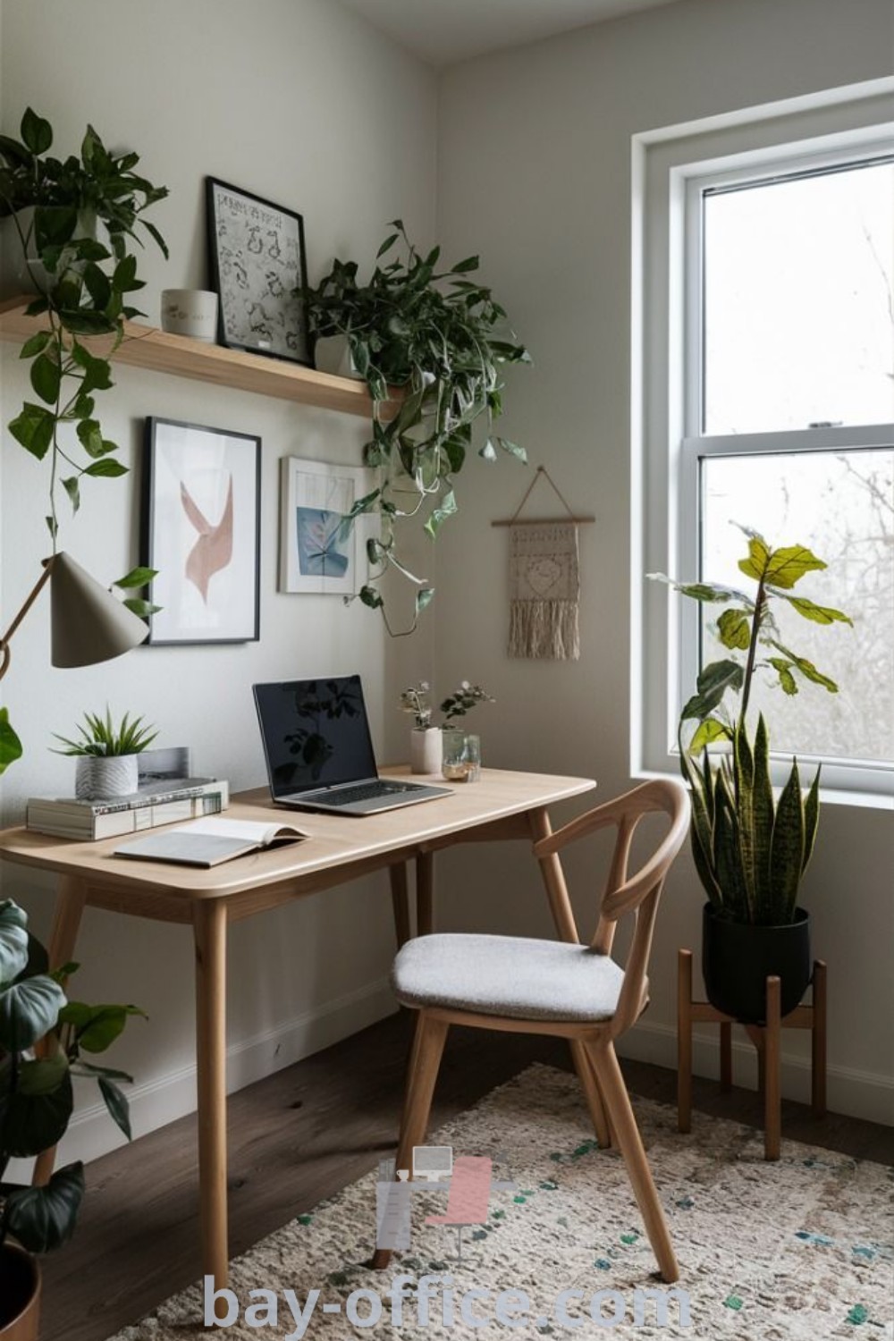 Minimalistic desk setup with a laptop in front of a window adorned with potted plants. This inspiring decor enhances productivity and comfort, ideal for a small apartment office. Discover more ideas for cozy workspaces at bay-office.com.