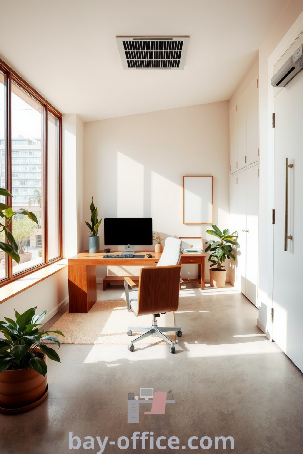 Minimalist corporate office featuring brown wooden accents, large windows for natural light, a wooden desk and chair, potted plants, and polished concrete floors, creating a calming and productive workspace. Explore more design trends and ideas at bay-office.com.