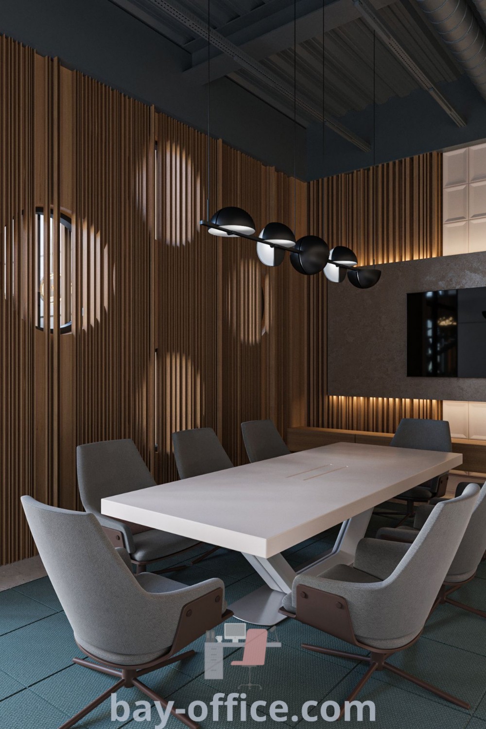 Elegant conference room featuring a stylish dining table with chairs and a wall-mounted television, ideal for law office interior design and modern office aesthetics. Explore the best decor ideas for small spaces to inspire productivity at bay-office.com.