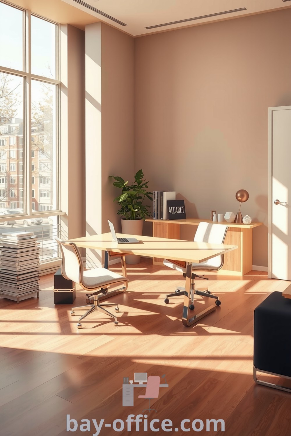 Minimalist corporate office featuring soft beige tones, sleek metal desk, and warm natural light promoting focus and comfort, ideal for inspiring productivity. Discover more decor ideas at bay-office.com.