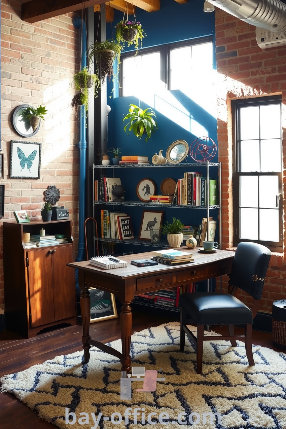 Loft home office with exposed brick walls, a blue accent wall, wooden desk, and metal shelving filled with books and decor, creating a cozy and inspiring workspace. Explore more design tips and ideas at bay-office.com.