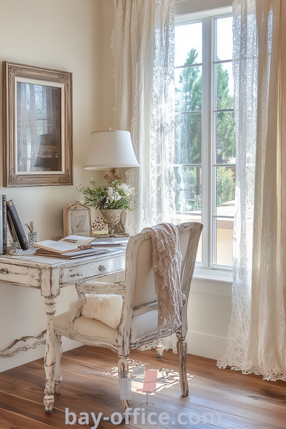 Elegant French country home office featuring cream walls, rustic hardwood floors, a distressed oak desk, and plush armchair, creating a cozy and inspiring workspace perfect for productivity and relaxation. Discover more delightful decor ideas at bay-office.com.