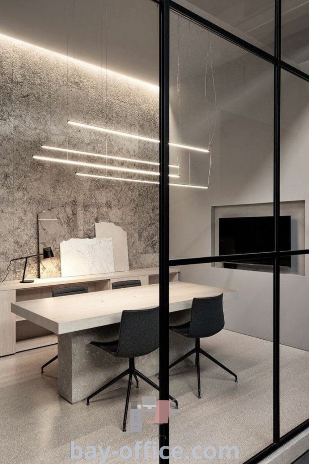 Small studio office with glass walls, white furniture, and stylish decor ideas that inspire productivity. Perfect for home or apartment use, discover design trends and functional space solutions at bay-office.com.