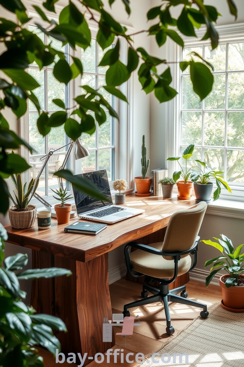 Nature-inspired home office with a reclaimed wood desk, cozy chair, and potted plants near a garden window, creating a tranquil and productive atmosphere. Ideal for combining natural beauty with workspace efficiency. Discover more design ideas at bay-office.com.