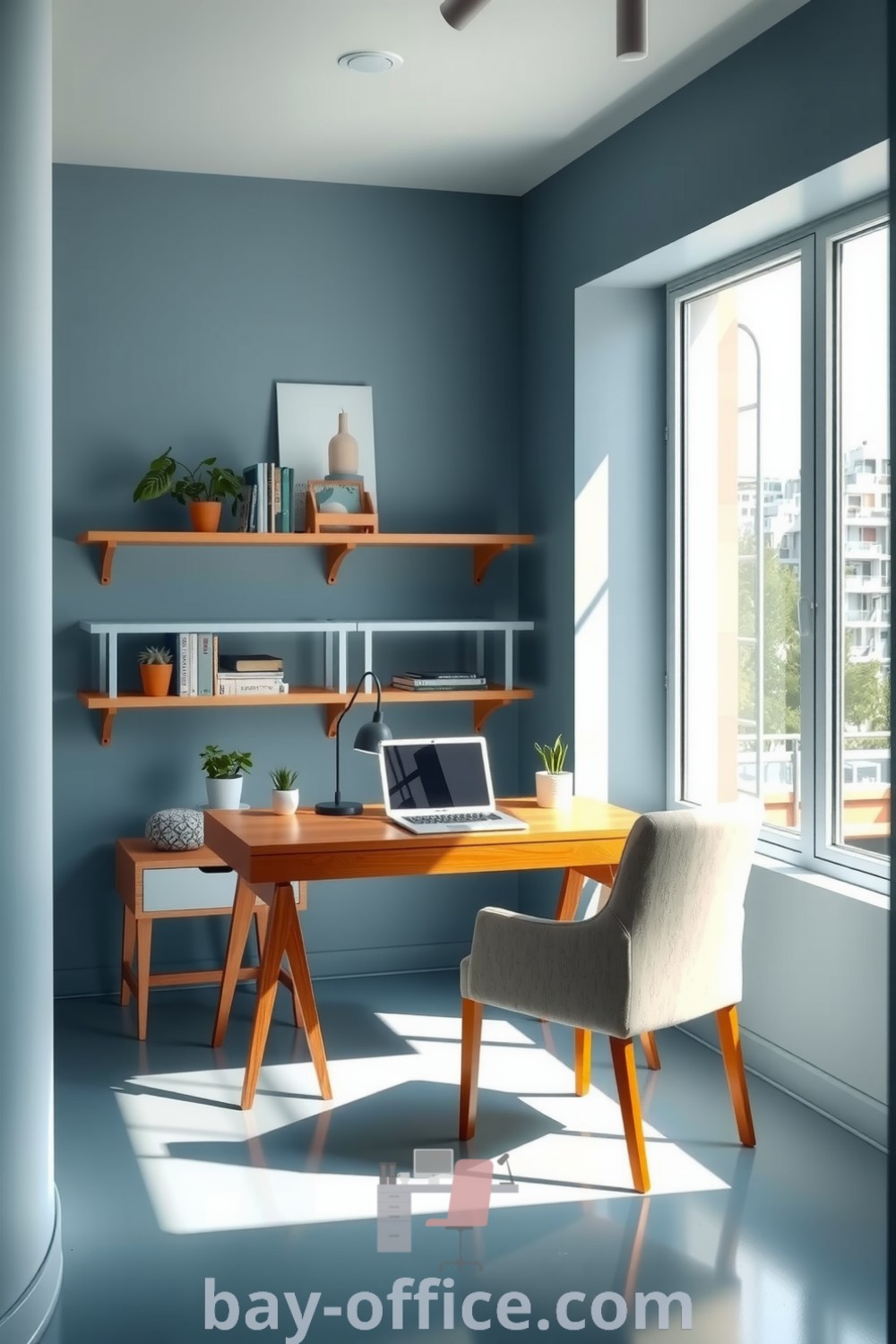 Minimalist home office with soft blue walls, warm wood desk by a window, selected books, potted plants, and an inviting chair, designed to inspire productivity and comfort. Ideal for creating a cozy workspace at home. Discover more ideas at bay-office.com.