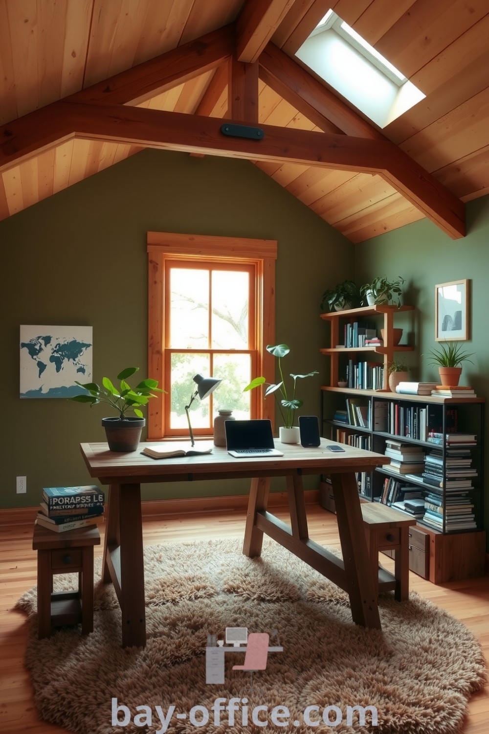 Cozy nature home office featuring wooden beams, soft green walls, dappled light, and plants, designed to inspire productivity and tranquility. Discover decor ideas for small spaces at bay-office.com.