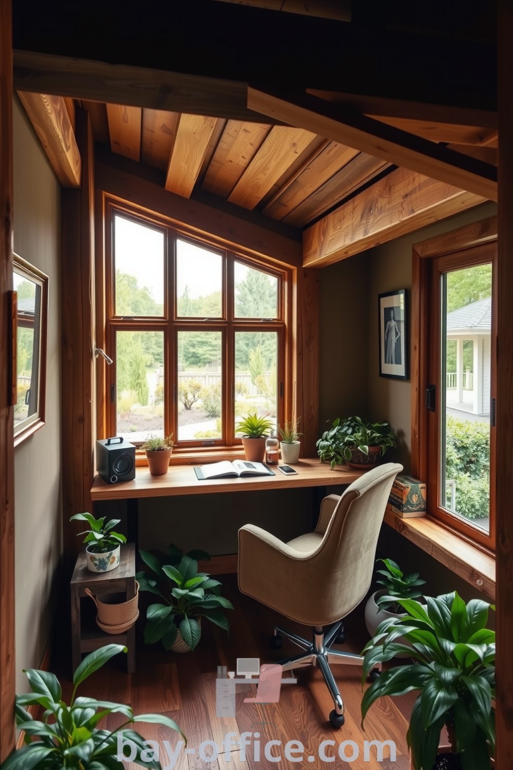Nature-themed home office featuring reclaimed wooden beams, a weathered desk, a comfortable chair, and potted plants, all bathed in natural light with views of a serene garden. Perfect for creating a cozy, inspiring workspace that enhances focus and productivity. Find ideas that inspire productivity at bay-office.com.