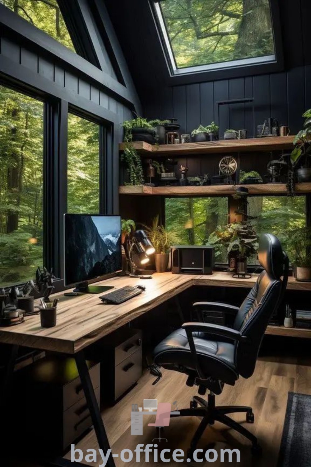 Stylish home office design featuring a computer desk in a bright room with windows. Explore home work space design, professional interior decor, and cozy aesthetic ideas at bay-office.com.