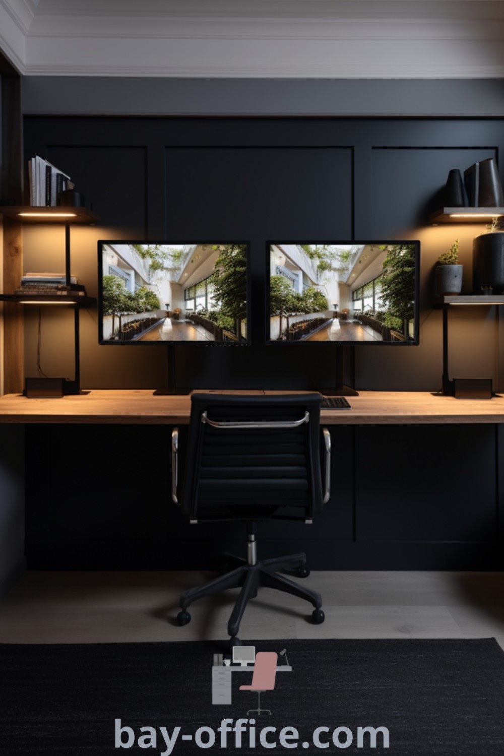 Black modern desk setup with black cabinets and wood accents in a masculine home office design. Ideas for a classy gaming room and modern home office decor are featured at bay-office.com.