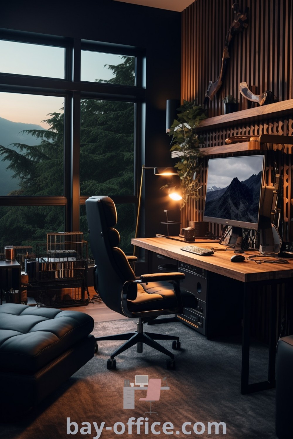Dark office setup with a desk, chair, and large window overlooking mountains at night, showcasing a cozy aesthetic ideal for men