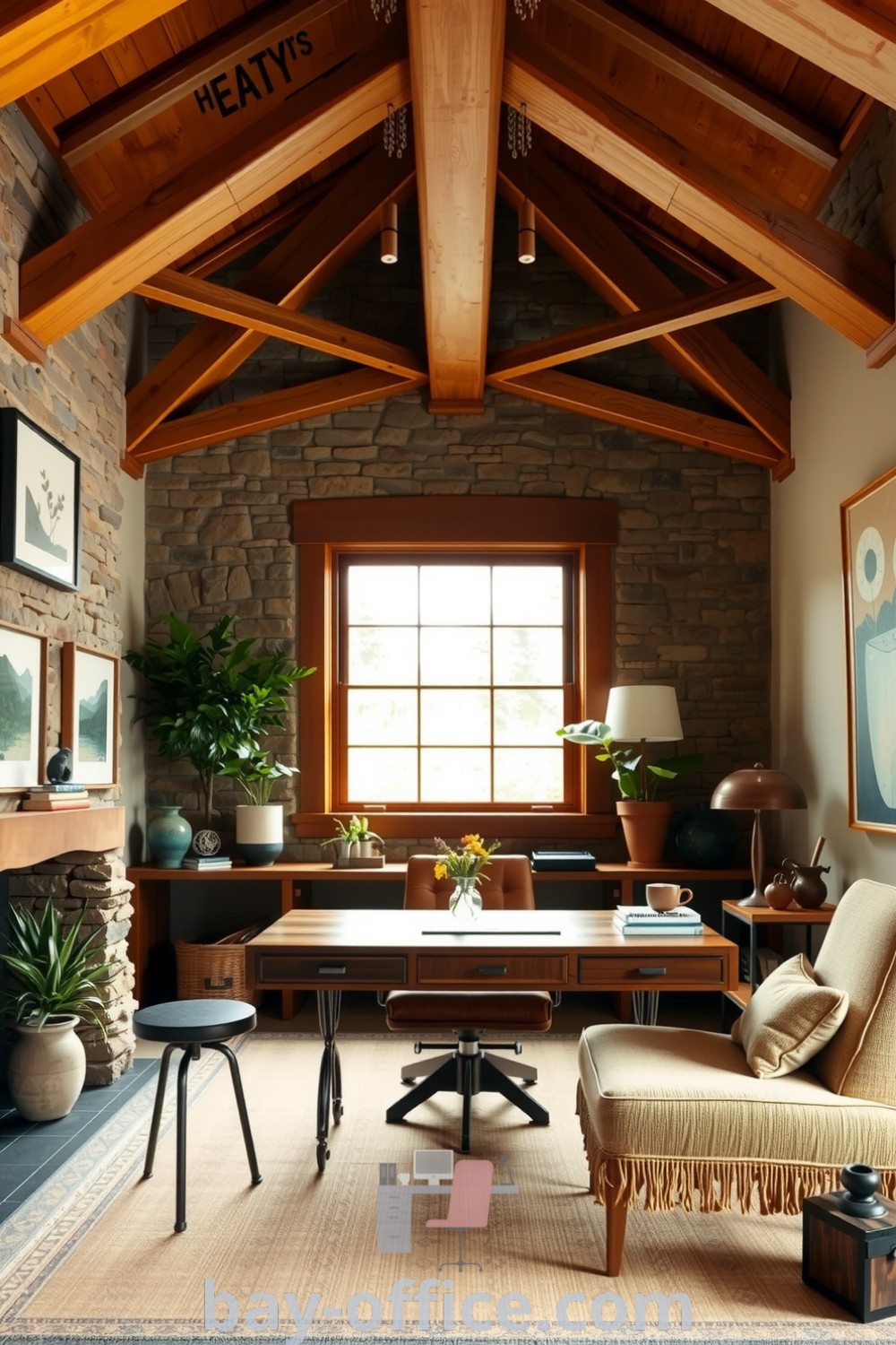 Cozy home office featuring warm wooden beams, rustic stone walls, and abundant greenery, designed to inspire productivity and creativity. A tranquil retreat perfect for those working from home. Explore more design ideas at bay-office.com.