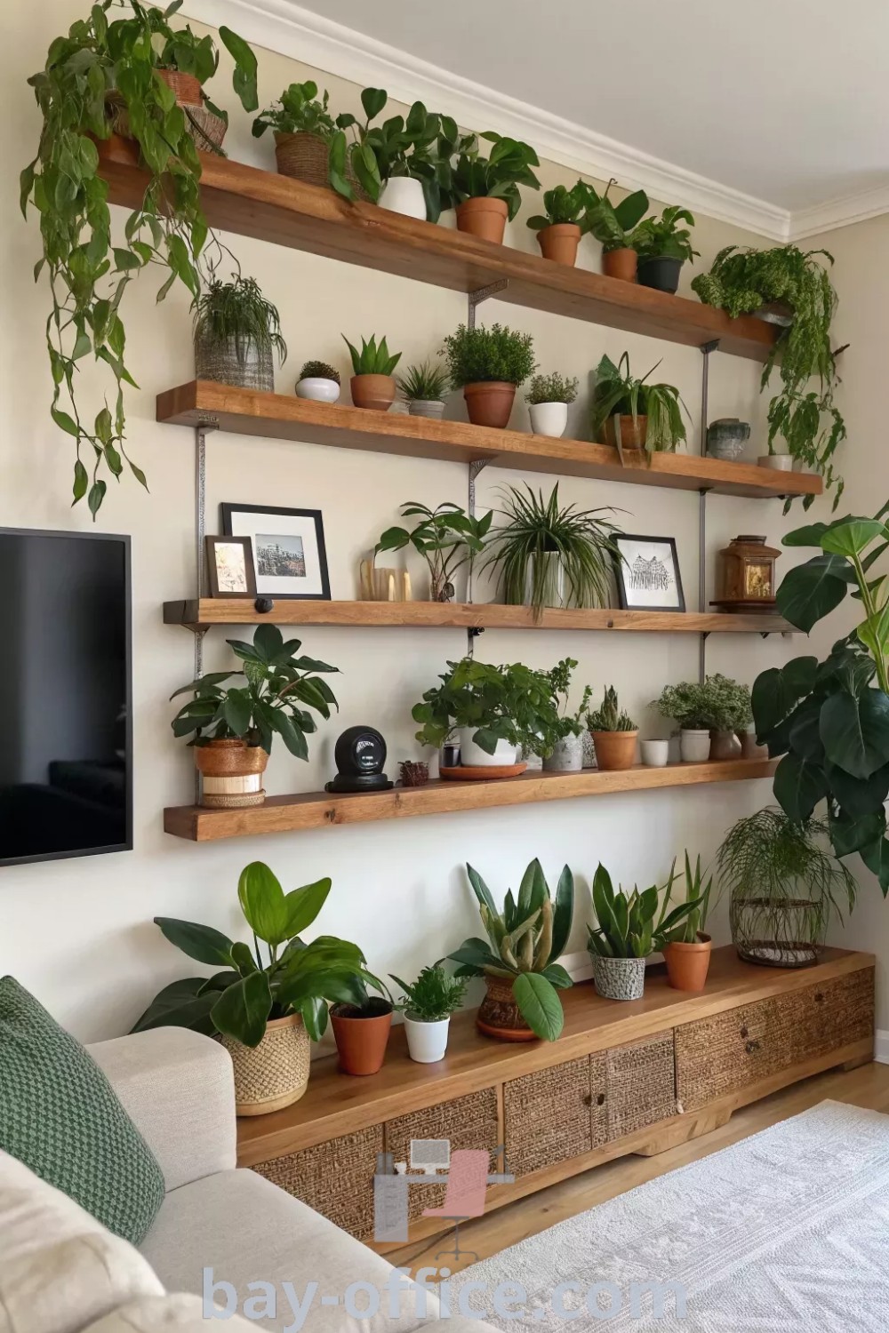 Indoor living room filled with various indoor plants on stylish wooden shelves, featuring plant shelves wall indoor, plants for table decorations, and cozy decor ideas for small spaces. Discover more inspiring plant decor tips at bay-office.com.