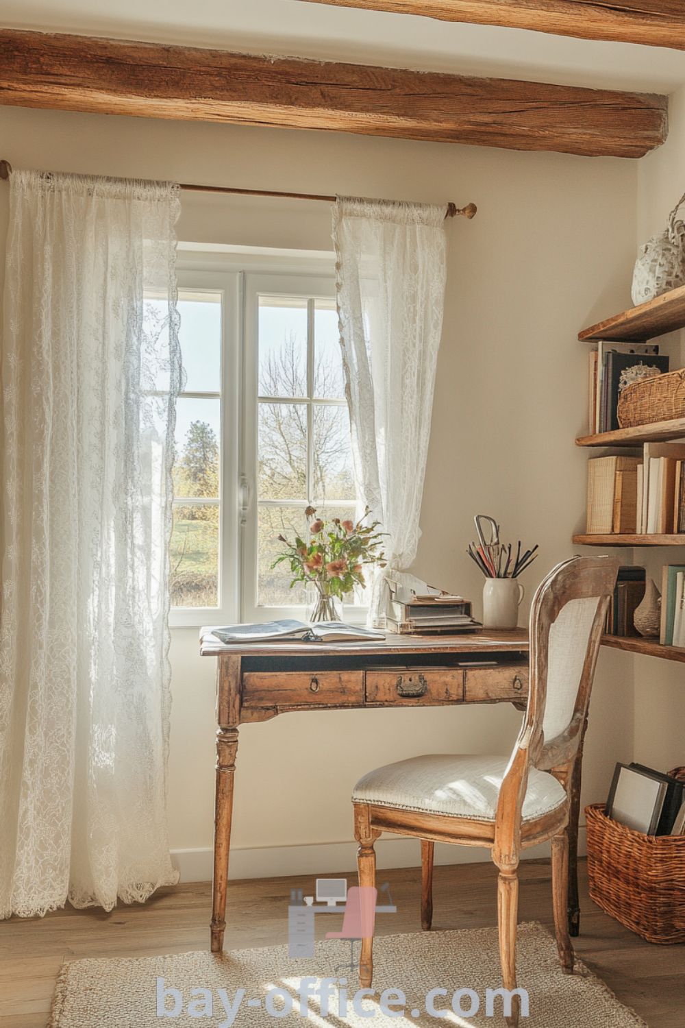 Charming French country home office featuring soft walls, rustic beams, vintage writing desk, and well-loved books, creating a cozy aesthetic perfect for inspiring productivity and creativity. Find more ideas at bay-office.com.