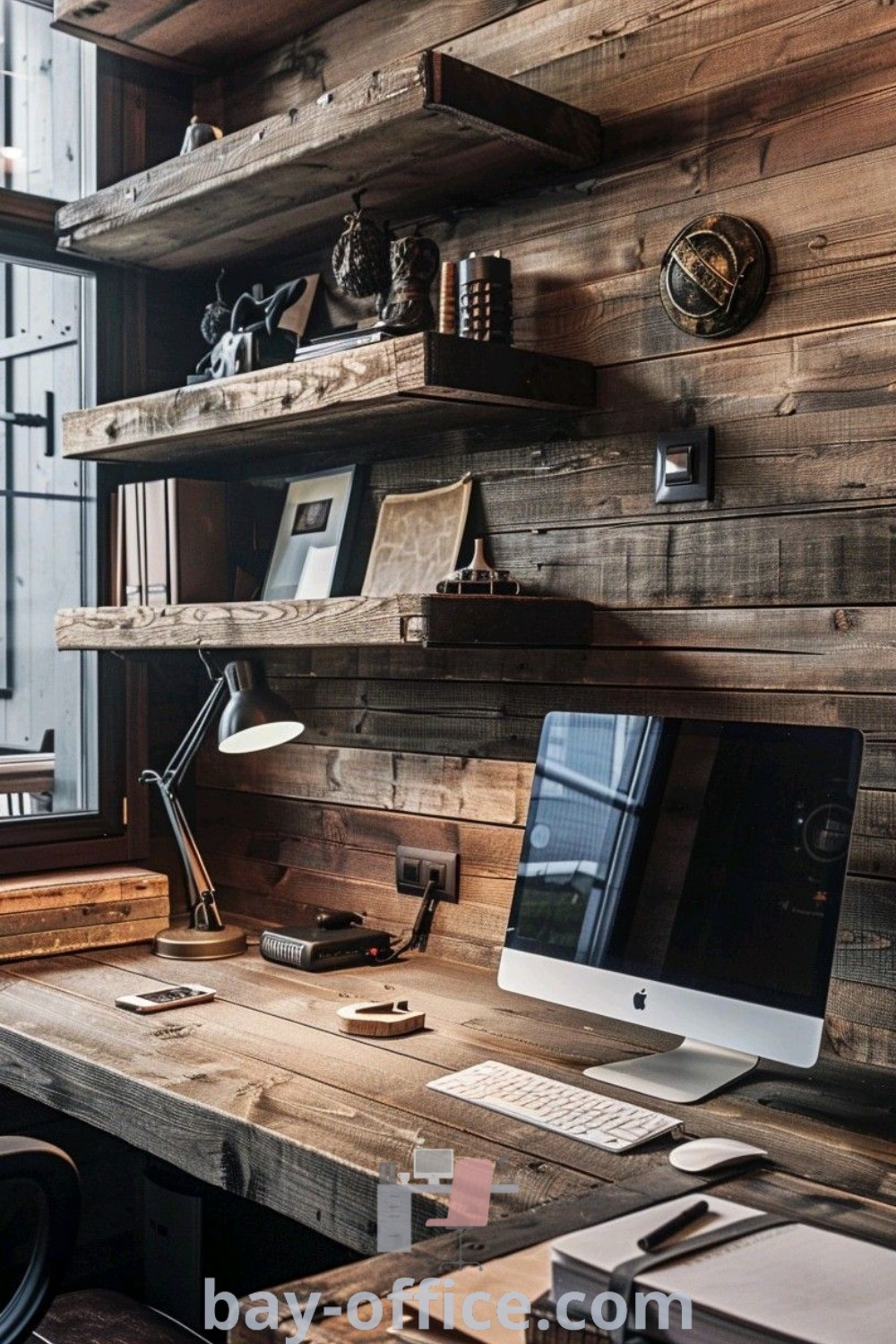 Rustic office space featuring a cozy desk with a computer, natural light from a window, and stylish bookshelves. Ideal for creating a productive environment with a warm aesthetic. Explore rustic office ideas and designs at bay-office.com.