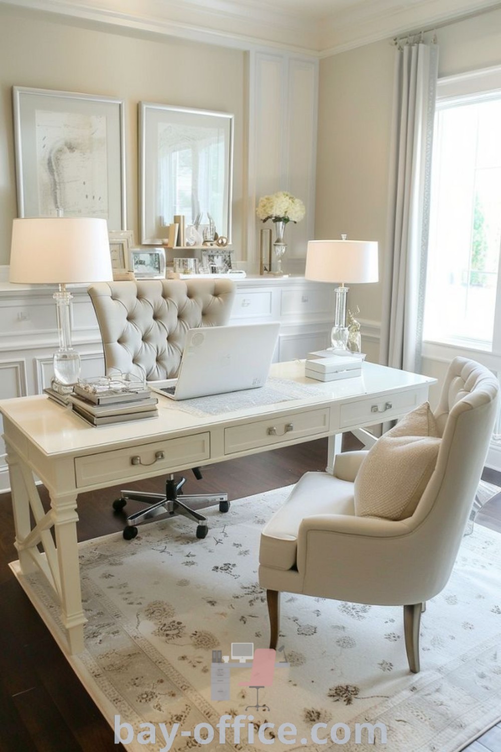 Cozy gray office decor featuring feminine design elements and modern home office ideas for productivity. Discover inspiring gray interior design trends and decorating ideas at bay-office.com.