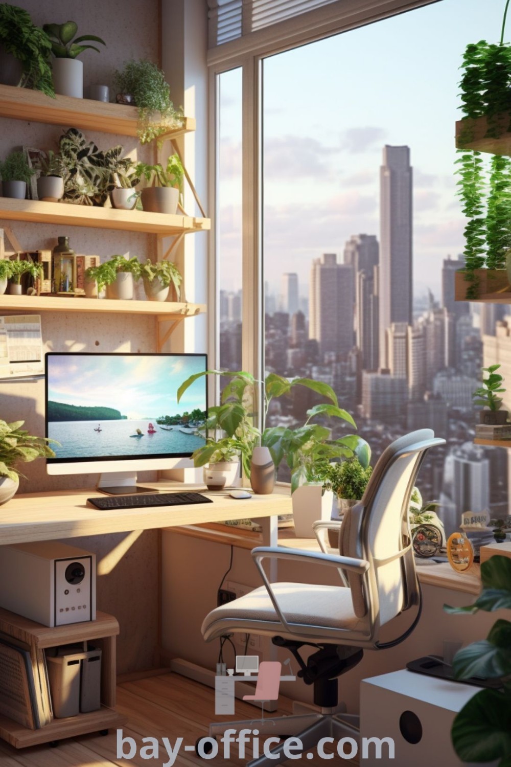 Cozy workspace showcasing creative home office setup ideas with modern office interiors and decor for enhancing productivity. Featuring small office optimization tips, inspiring design trends, and cozy aesthetic for work-from-home setups at bay-office.com.