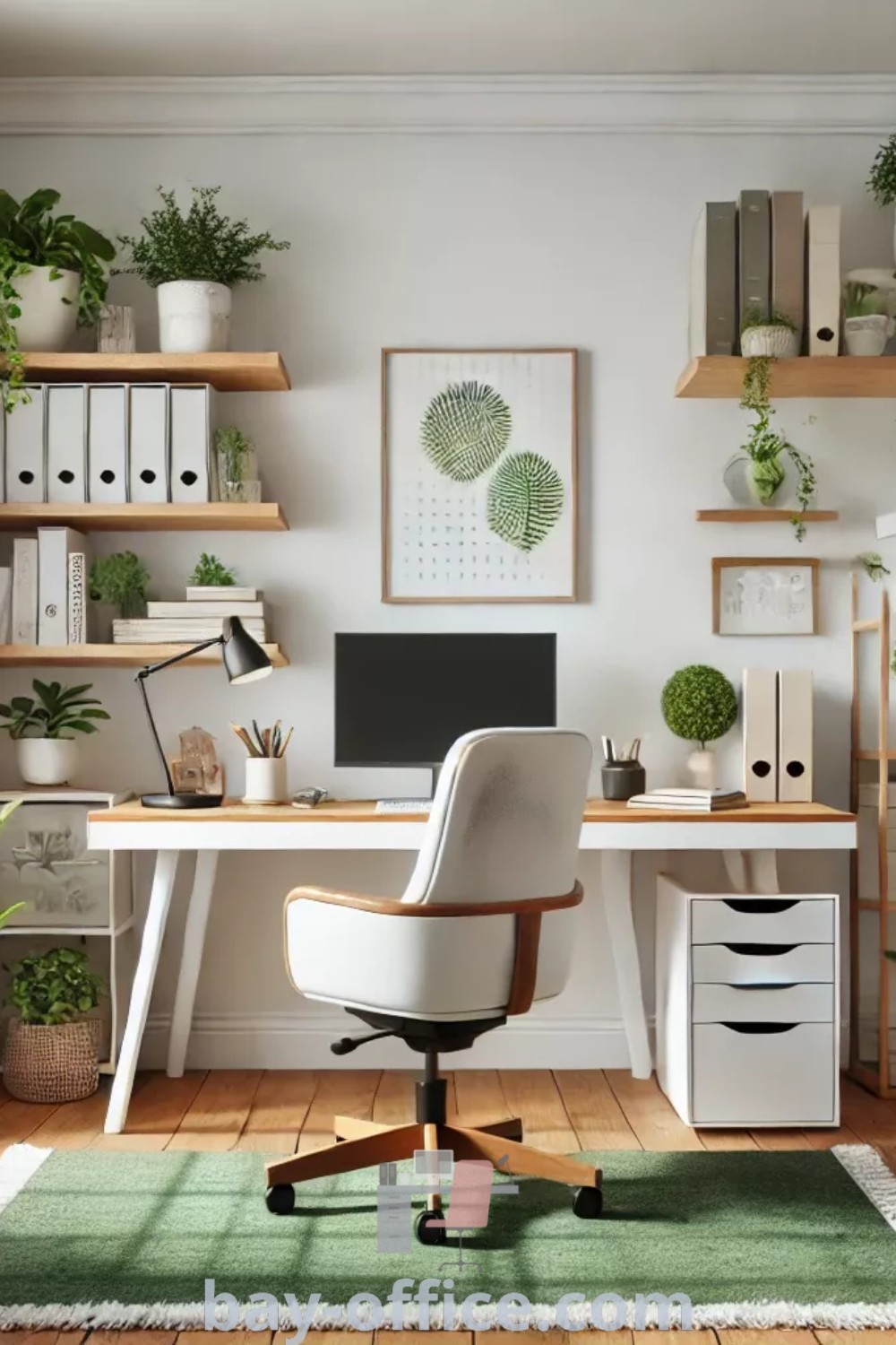 Boho green home office with plants on the shelves, showcasing cozy decor ideas that inspire productivity. Perfect for house or apartment setups, offering design tips for creating a green and cream office aesthetic. Explore more ideas you