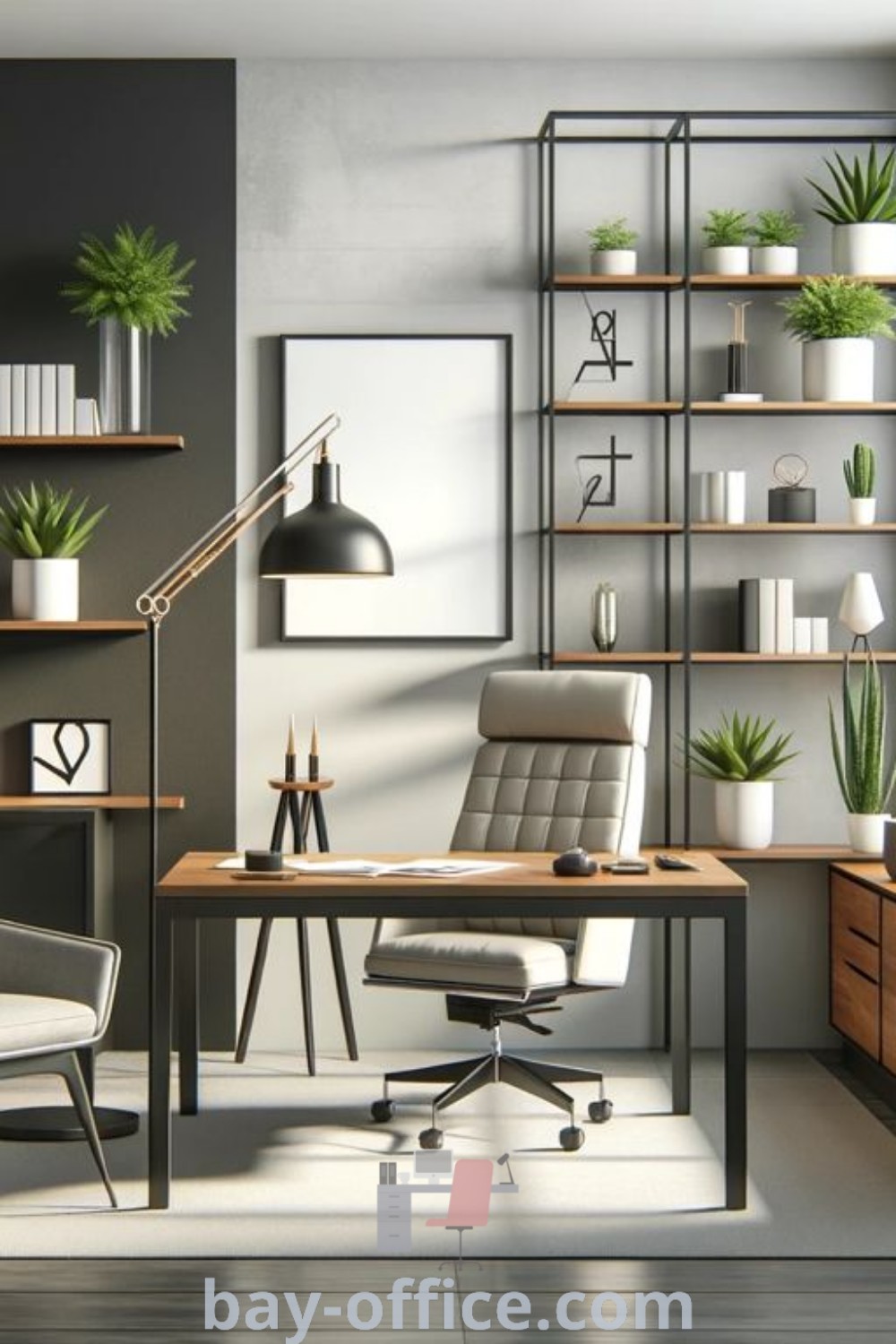 Earthy office space with desk, chair, and shelves filled with potted plants, featuring tan walls for a cozy aesthetic. Discover inspiring ideas for small business interiors and home office decoration at bay-office.com.