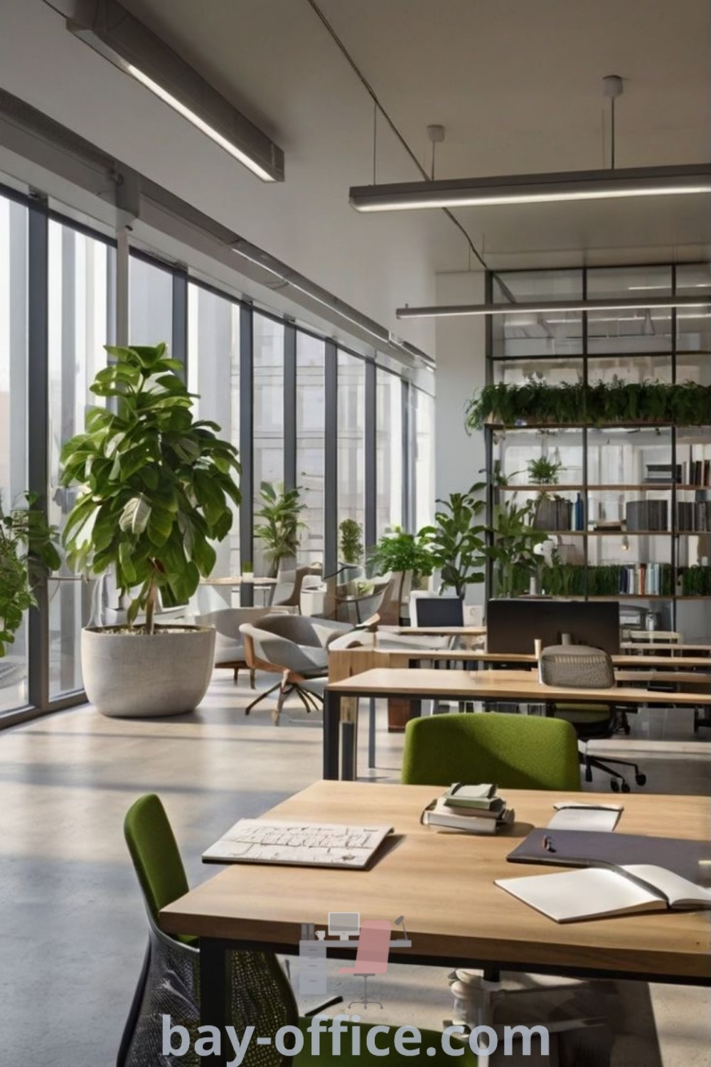 An office with plants in the windows and desks set up for people to work, showcasing a work environment aesthetic with greenery that promotes collaboration. Discover inspiring office decor ideas and design tips at bay-office.com.