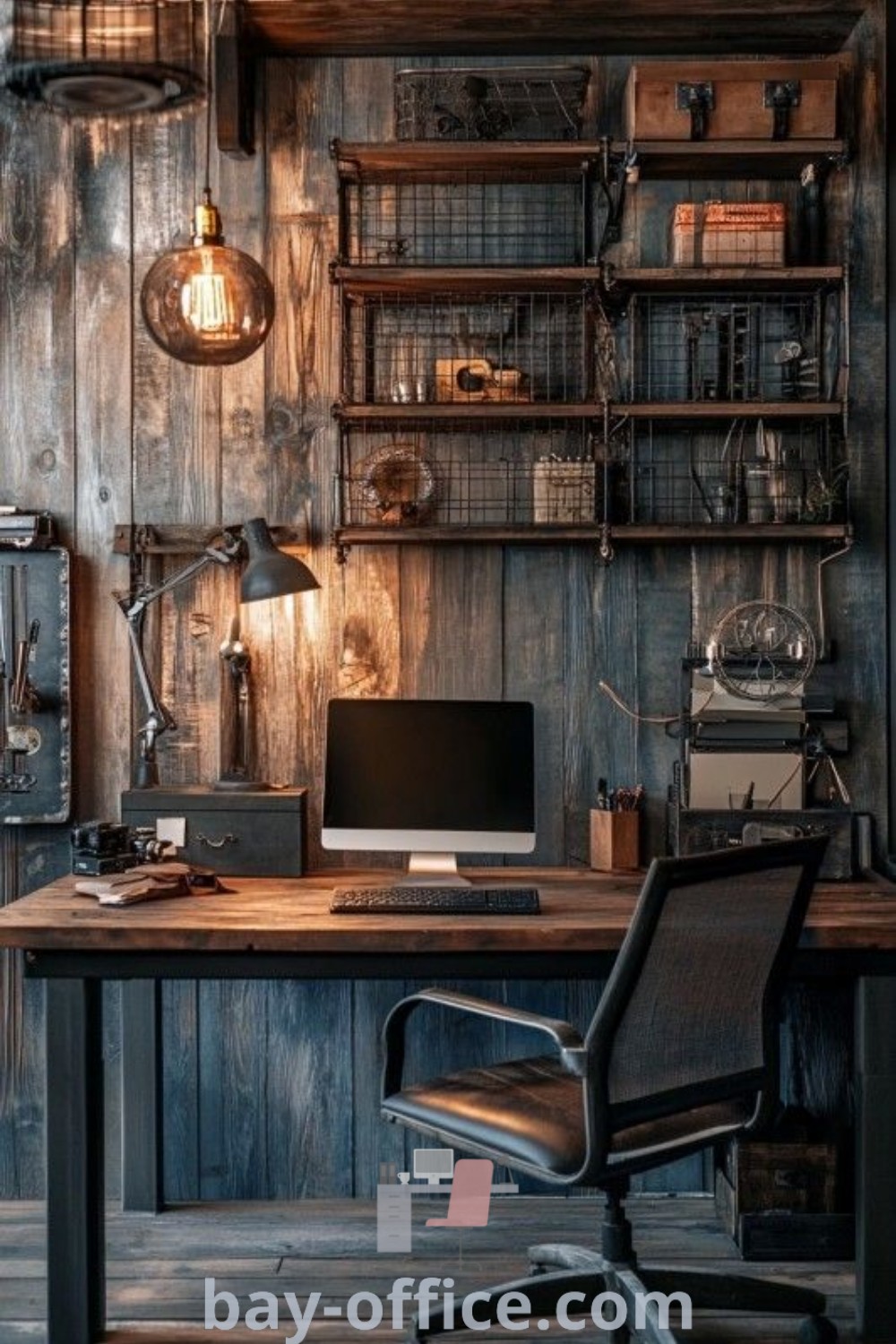 Rustic vintage office design showcasing a distressed desk with a computer, lamp, and shelves, embodying moody industrial aesthetics. Perfect for home working or cozy guest bedrooms, discover inspiring rustic workspace ideas at bay-office.com.