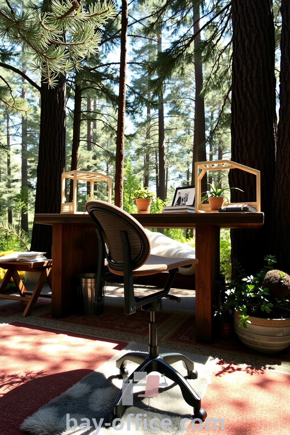 Nature-inspired home office surrounded by tall pines, featuring a rustic wooden desk, cozy rug, and potted plants, designed to enhance productivity and inspiration. For more cozy decor ideas, visit bay-office.com.