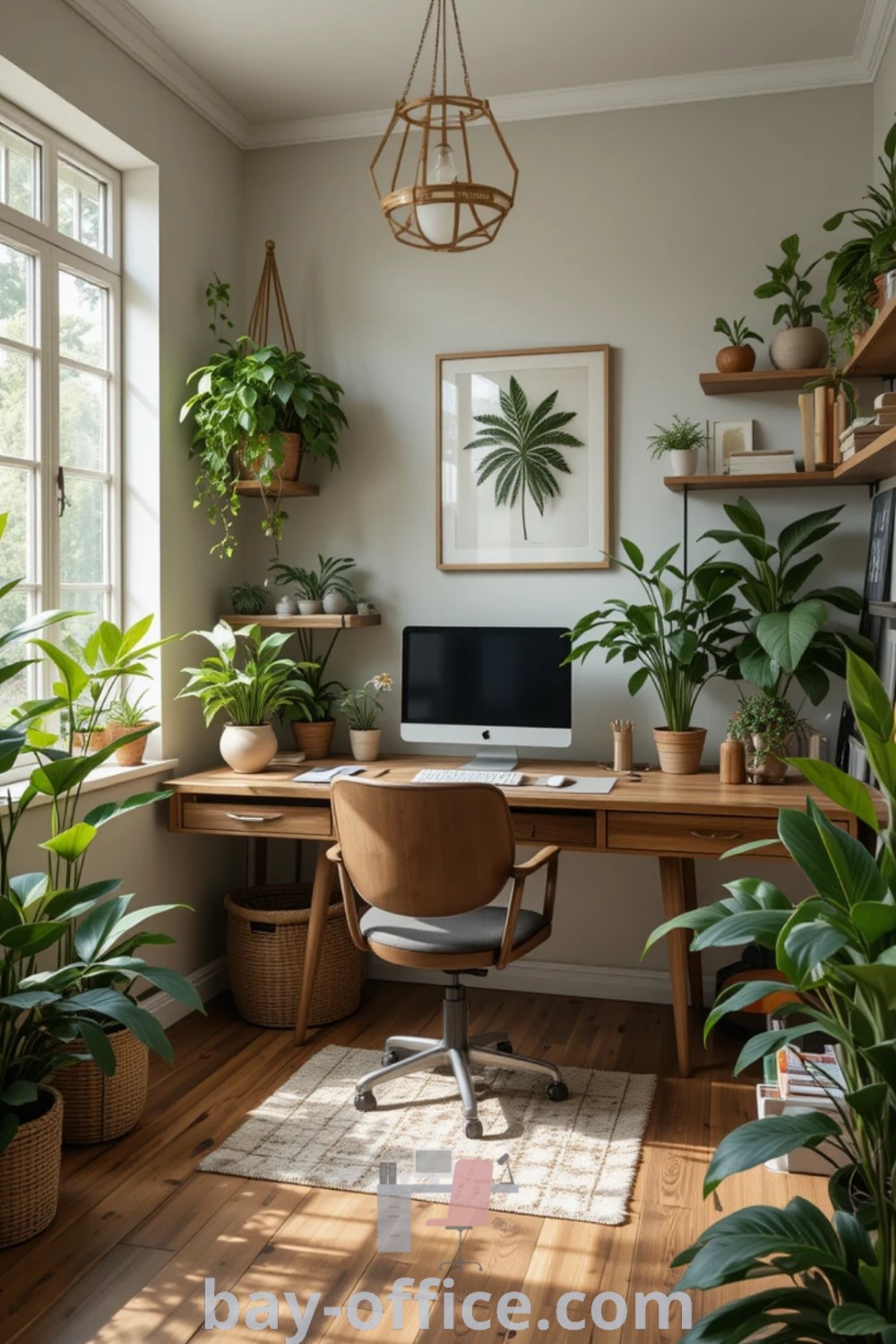 A tranquil earth tones office with potted plants on the desk, showcasing minimalist biophilic design and inspiring decor ideas for small spaces. Ideal for enhancing productivity while working from home. Discover more design tips at bay-office.com.