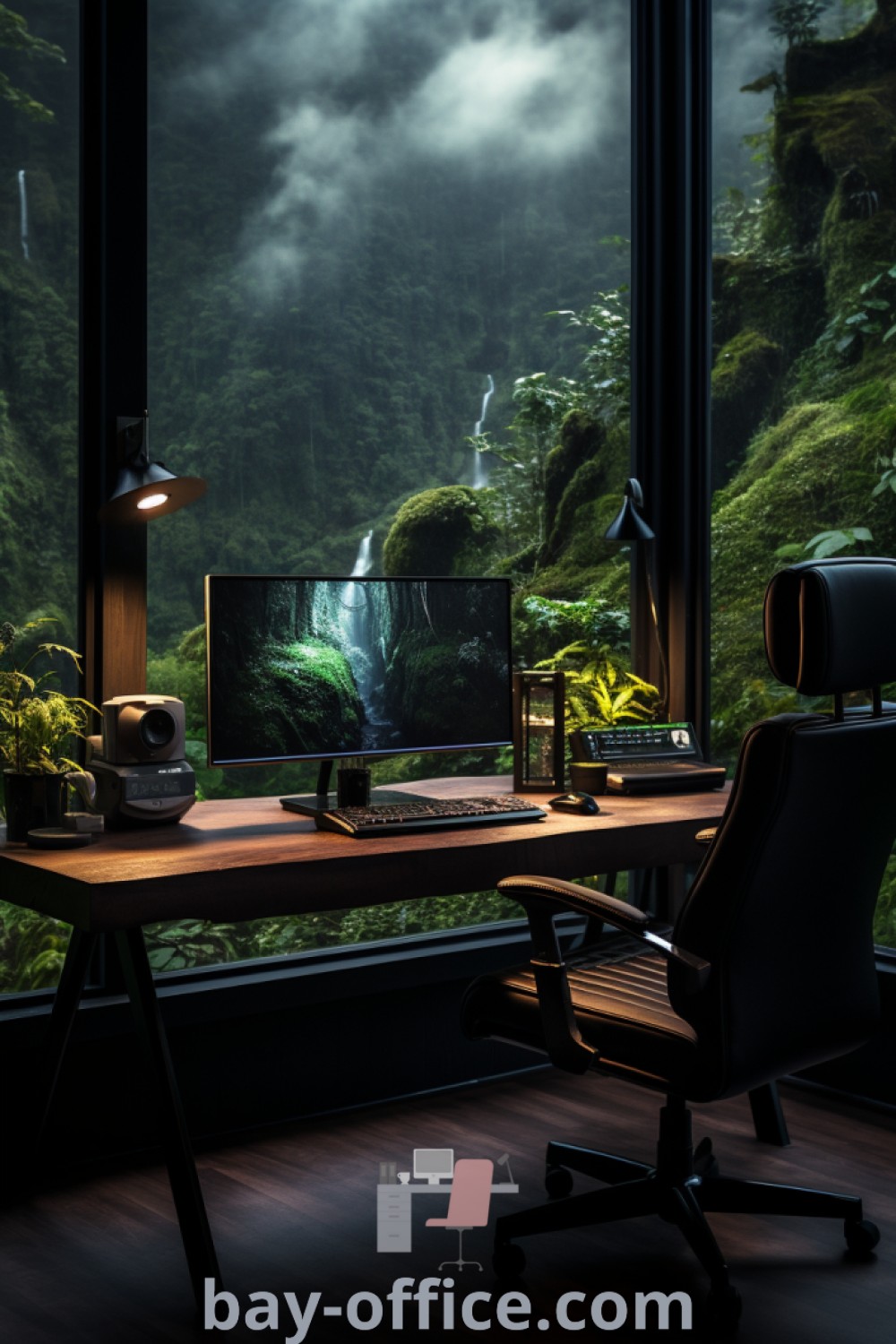 Modern nature-inspired office setup featuring a black desk, forest aesthetic elements, and minimalist decor that increases productivity and inspires creativity. Discover cozy decor ideas for small spaces at bay-office.com.