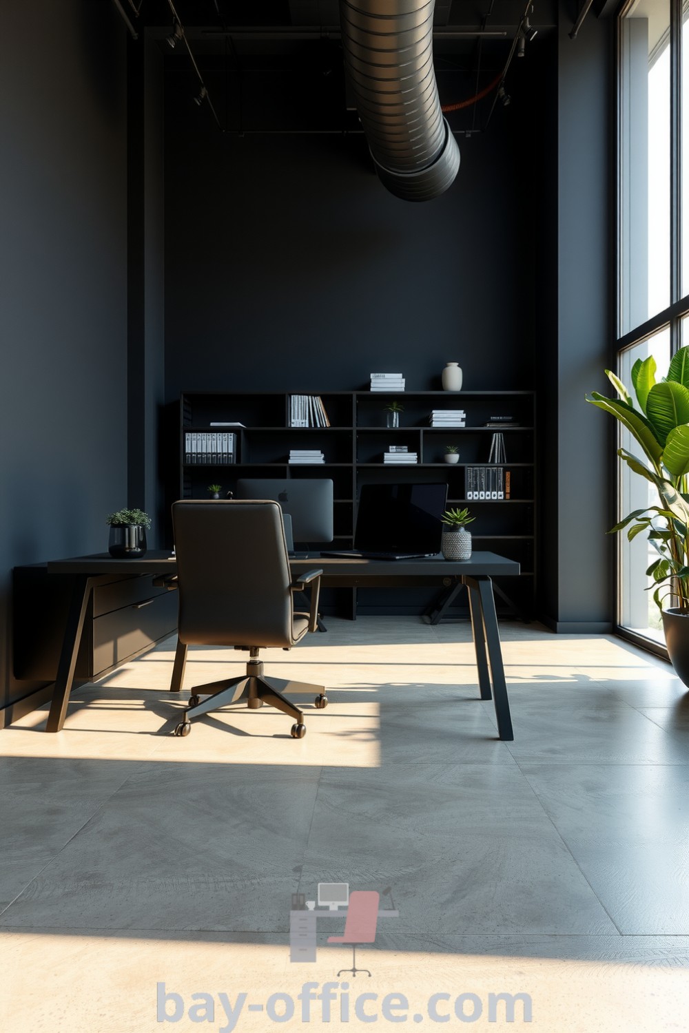 Minimalist corporate office with charcoal walls, polished concrete flooring, sleek black furniture, and large windows for natural light. An inspiring decor that enhances productivity while maintaining a cozy aesthetic. Explore more design trends at bay-office.com.