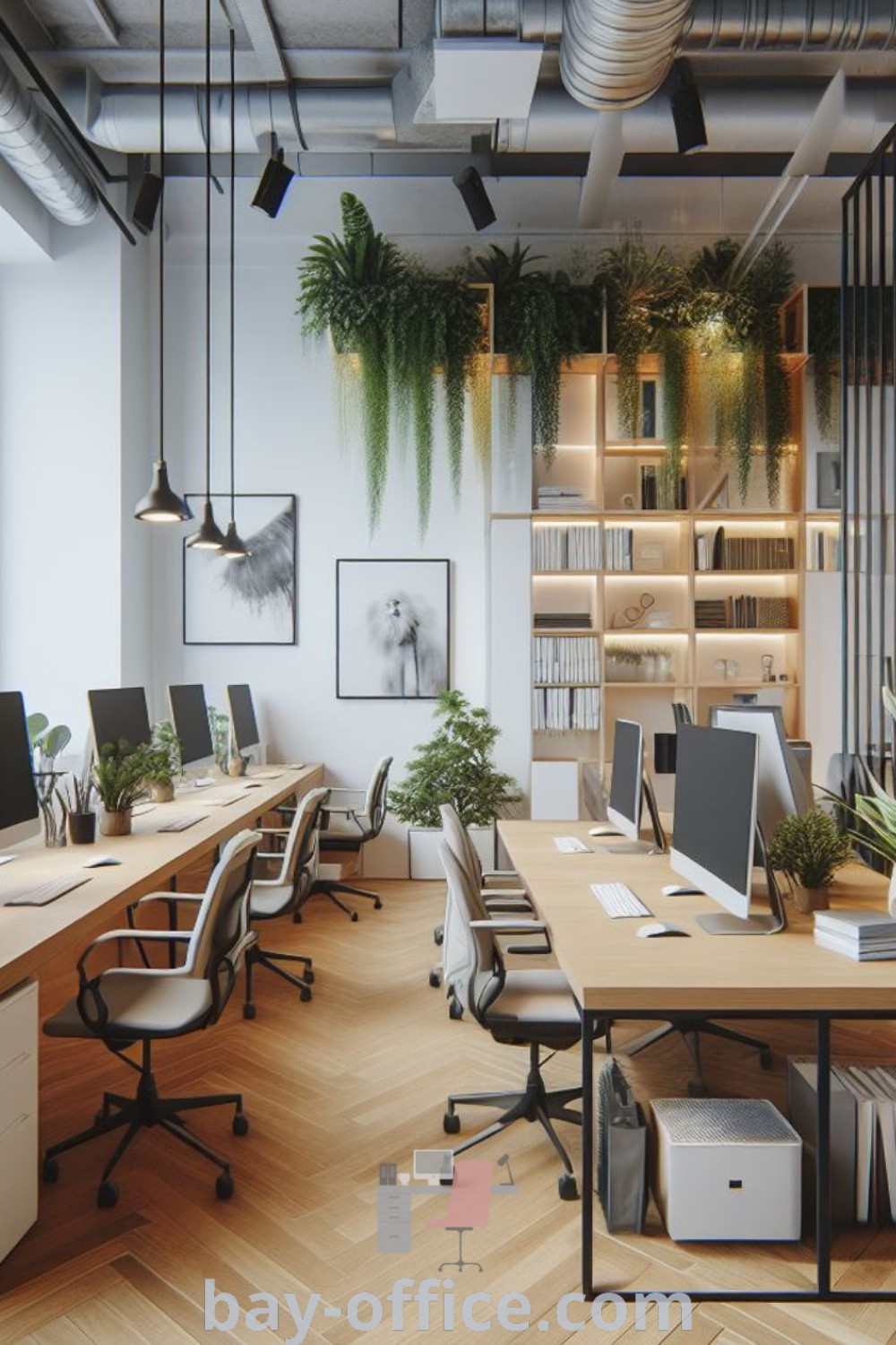 Open office layout featuring desks, computers, and plants, showcasing small office modern designs and decor ideas for inspiring productivity. Discover cozy and functional workspace suggestions at bay-office.com.