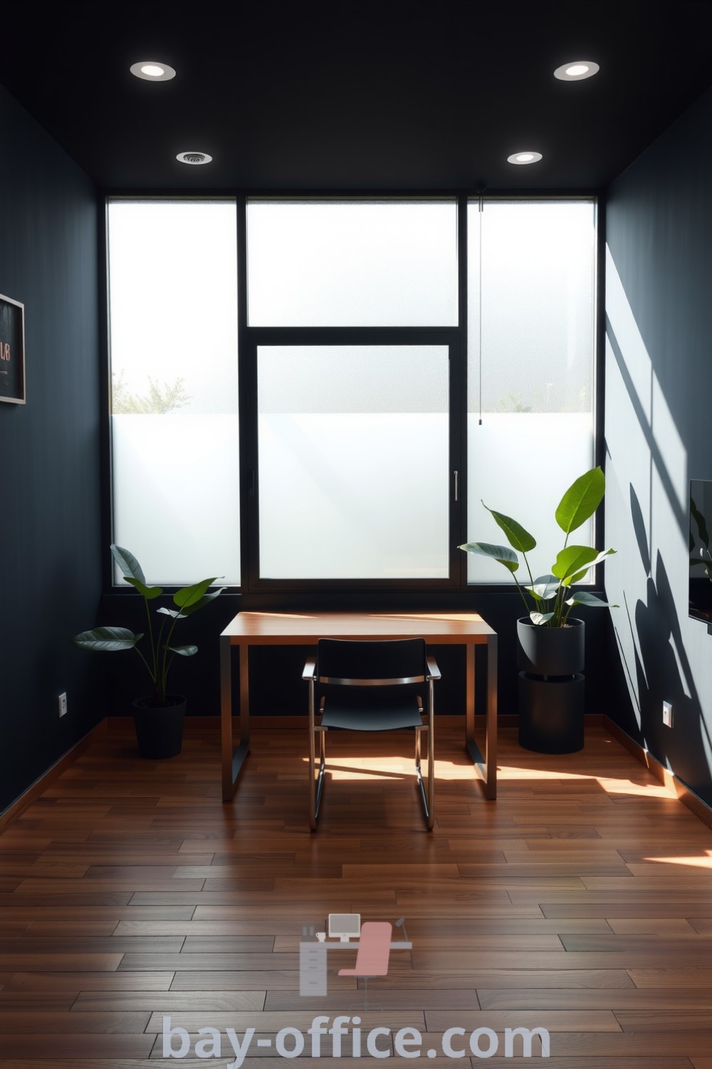 Modern minimalist corporate office featuring matte black walls, warm wooden flooring, and potted plants, designed to inspire productivity and comfort. Ideal for creating a professional yet cozy workspace. Explore more design ideas at bay-office.com.