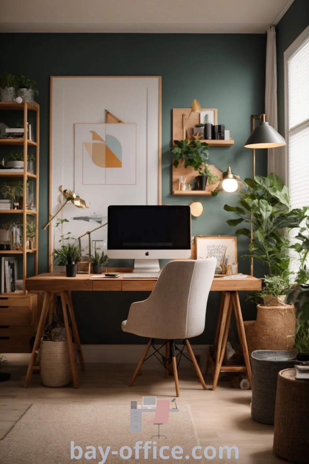Cozy home office setup with a desk featuring a computer and plants, designed for productivity and inspiration. Explore decor ideas for small spaces and find the best ideas to make you love working from home at bay-office.com.