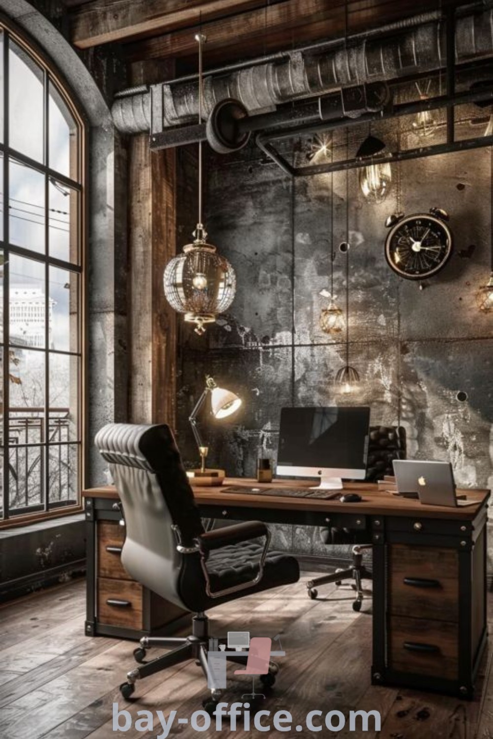 Industrial office with wooden floors, black walls, and pendant lighting that enhances productivity. A modern industrial glam design perfect for decorating ideas for small spaces and creating an inspiring home office at bay-office.com.