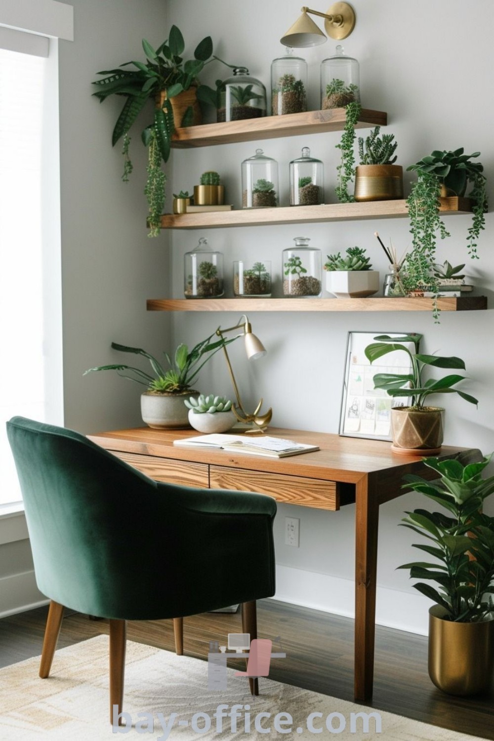 Green home office with a green velvet armchair, potted plants, and natural light, showcasing cozy decor ideas for small spaces that inspire productivity. Explore more design tips and inspirations at bay-office.com.