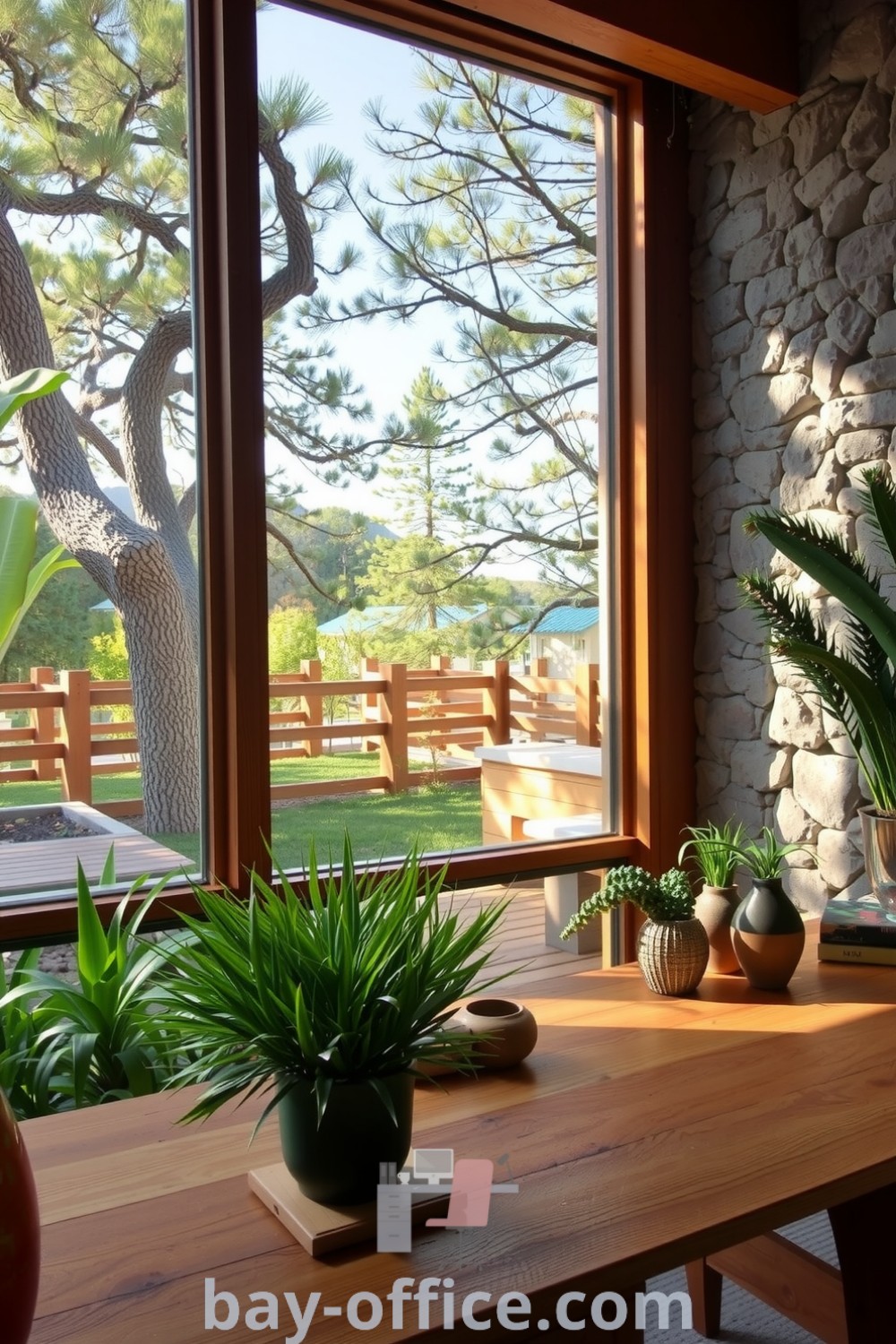 Nature-inspired home office featuring reclaimed wooden beams, a stone accent wall, large windows opening to a garden, and a rustic wooden desk with plants. Perfect for enhancing productivity in a serene workspace. Discover design tips at bay-office.com.